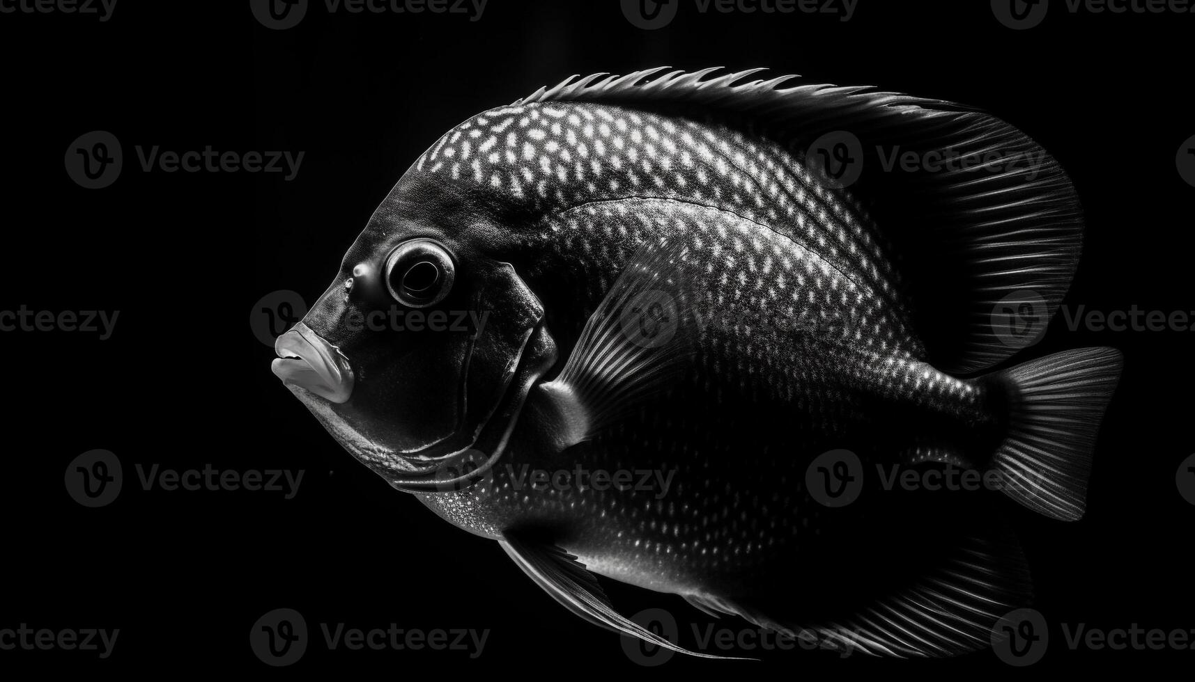 Black and white striped saltwater fish swimming in blue water generated by AI photo