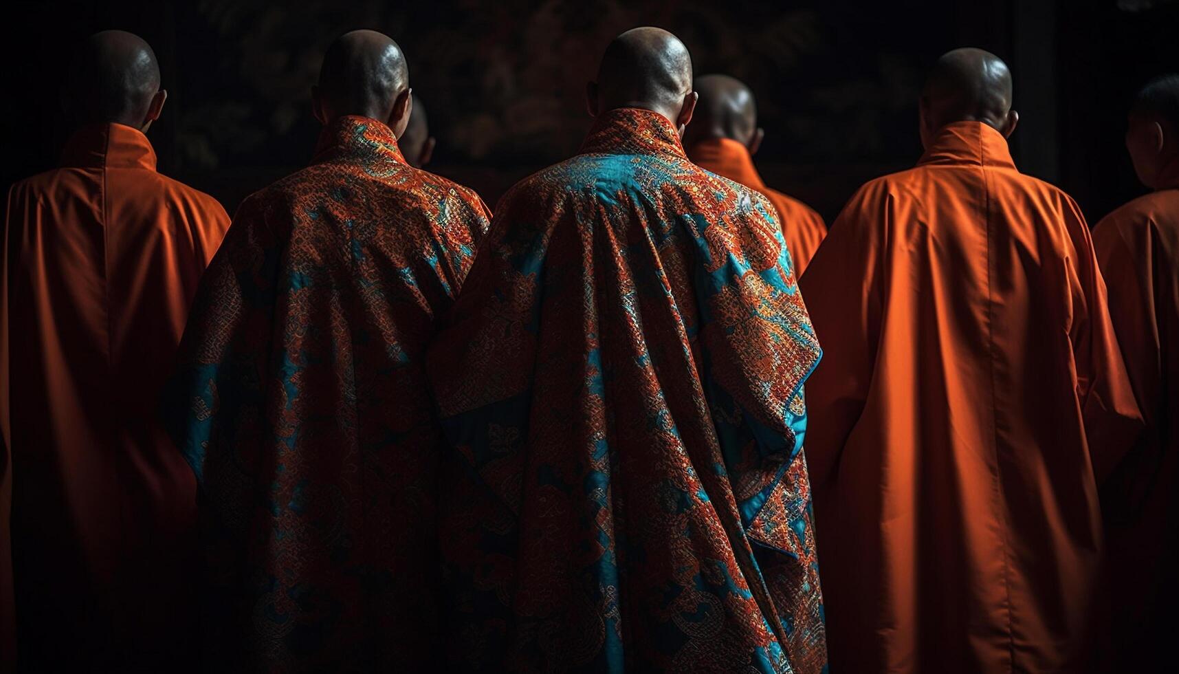 Shaved head monk in traditional robe prays at outdoor statue generated by AI photo