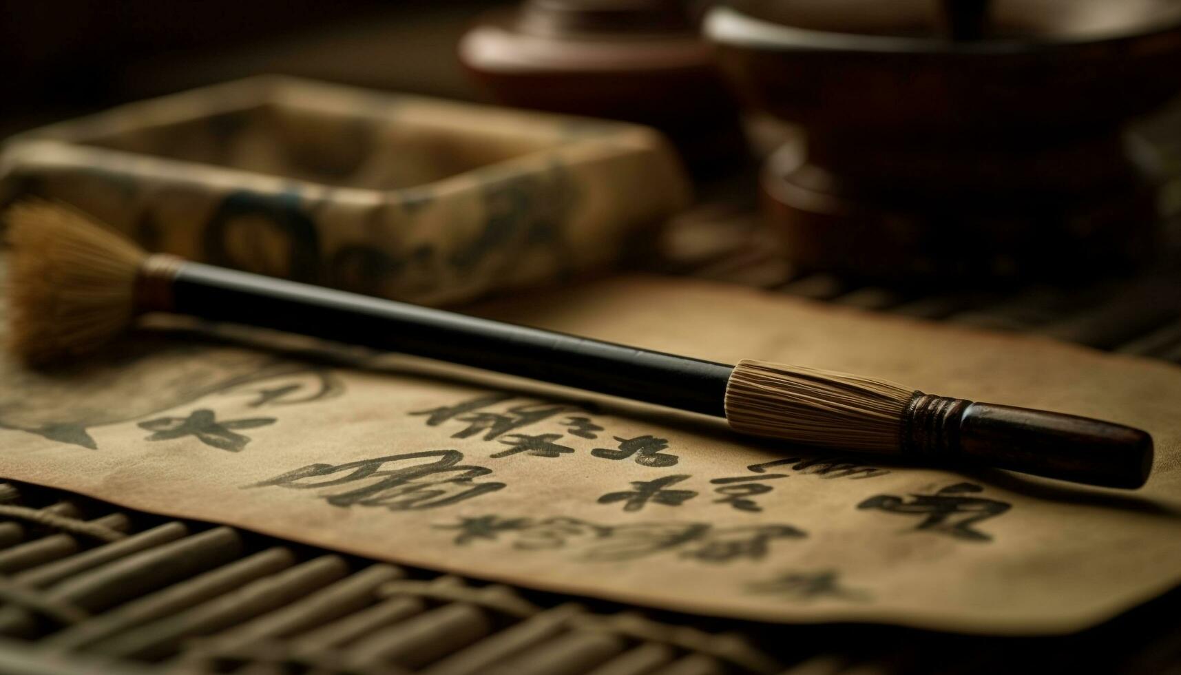 Chinese calligraphy ancient ink on paper, tradition preserved in cultures generated by AI photo