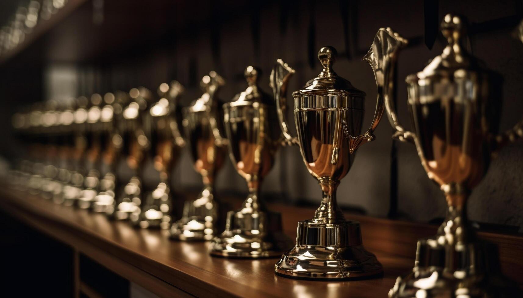 Christianity triumph in sport gold trophy, no people, shiny reflection generated by AI photo