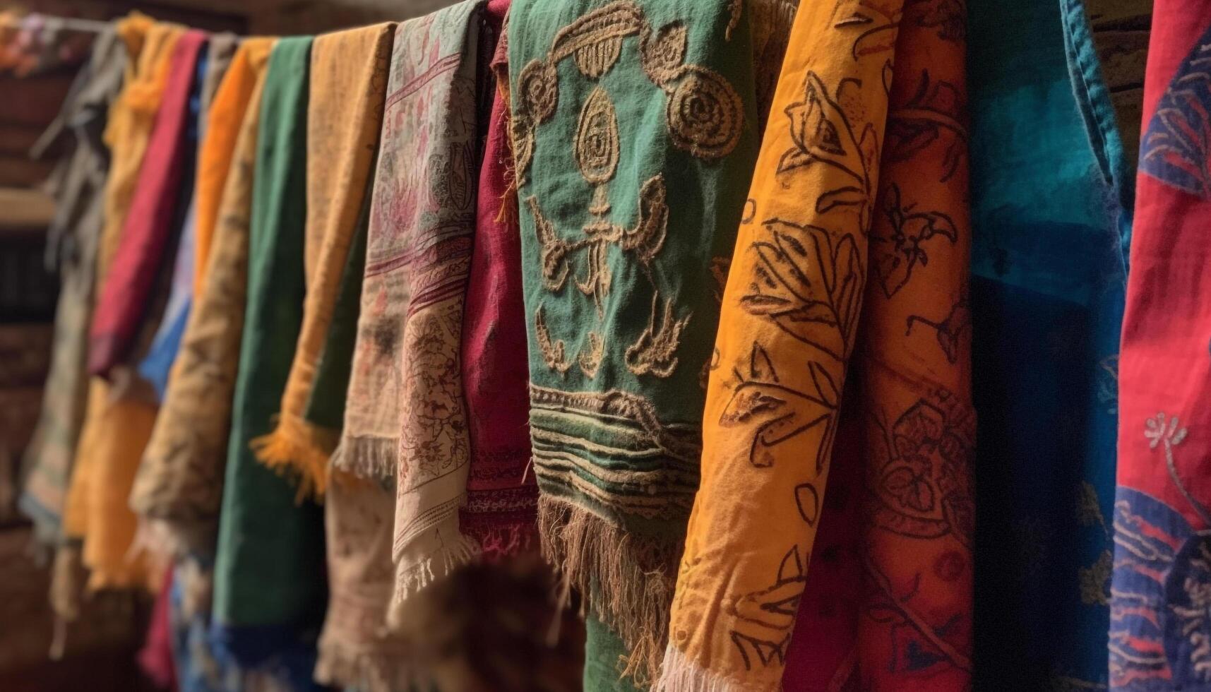 vistoso textiles en un fila Decorar Tienda para cultural recuerdos generado por ai foto