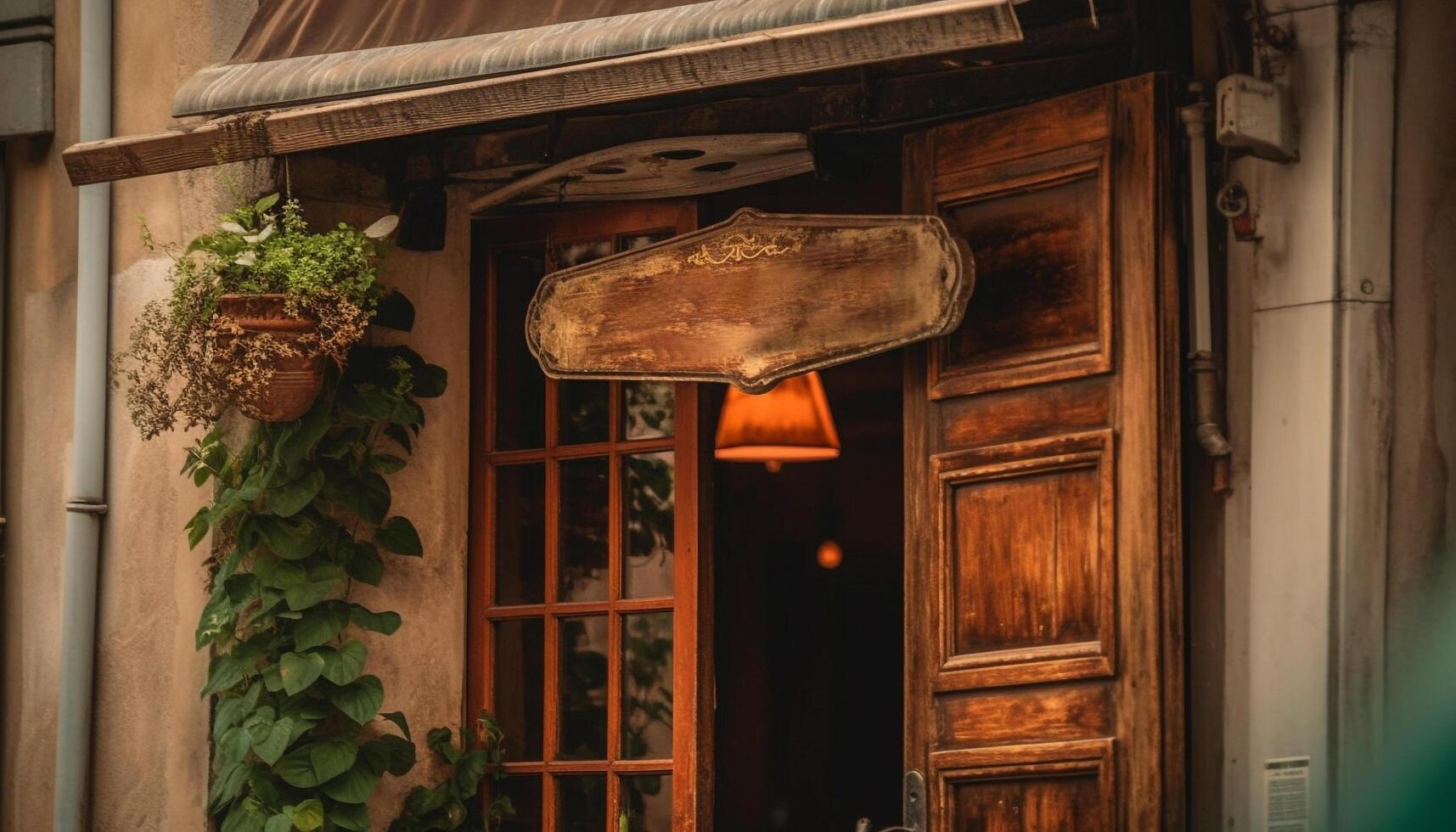 Weathered doorway, rustic plank, antique decor, empty building exterior generated by AI photo