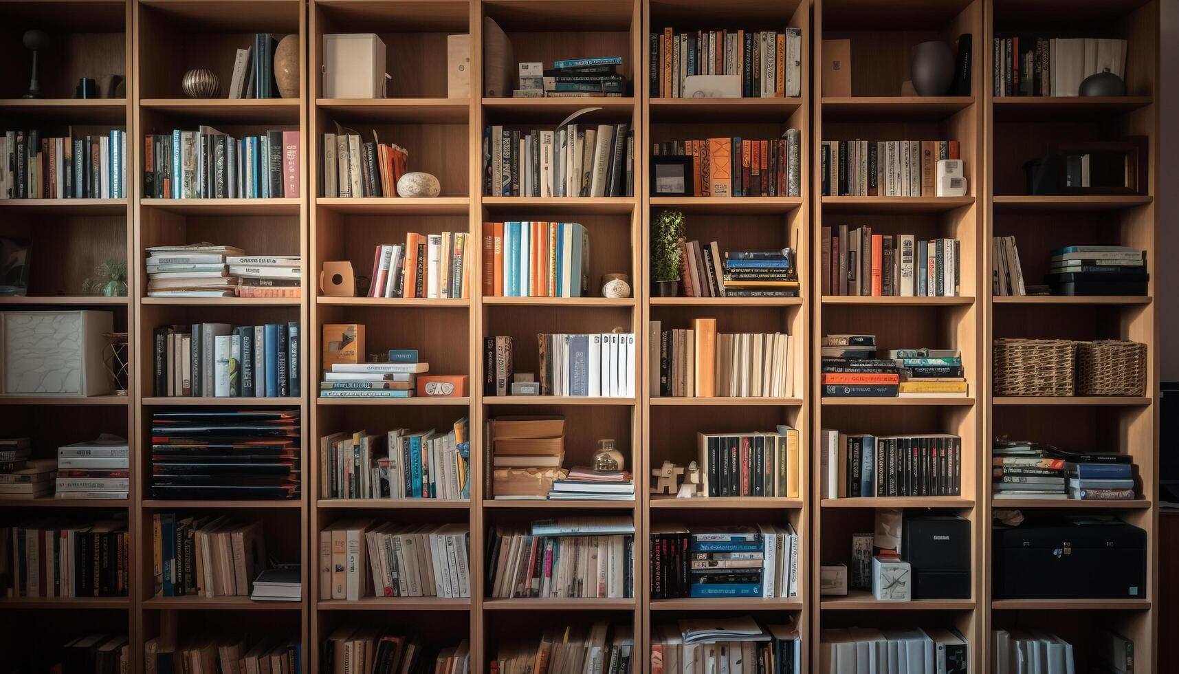 Abundance of old fashioned books on large wooden bookshelf in library generated by AI photo