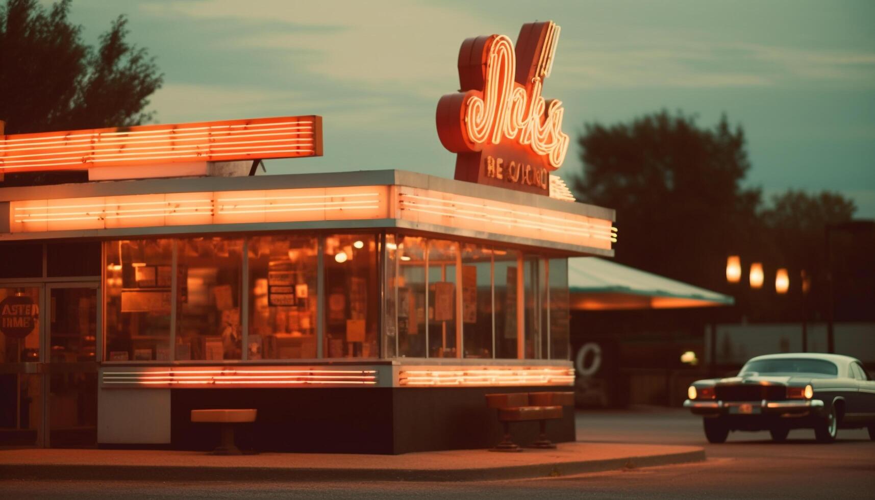Illuminated city street at dusk, with traffic and neon signs generated by AI photo