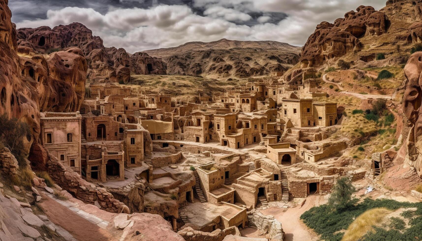 Ancient ruins on cliff, a panoramic beauty in nature generated by AI photo