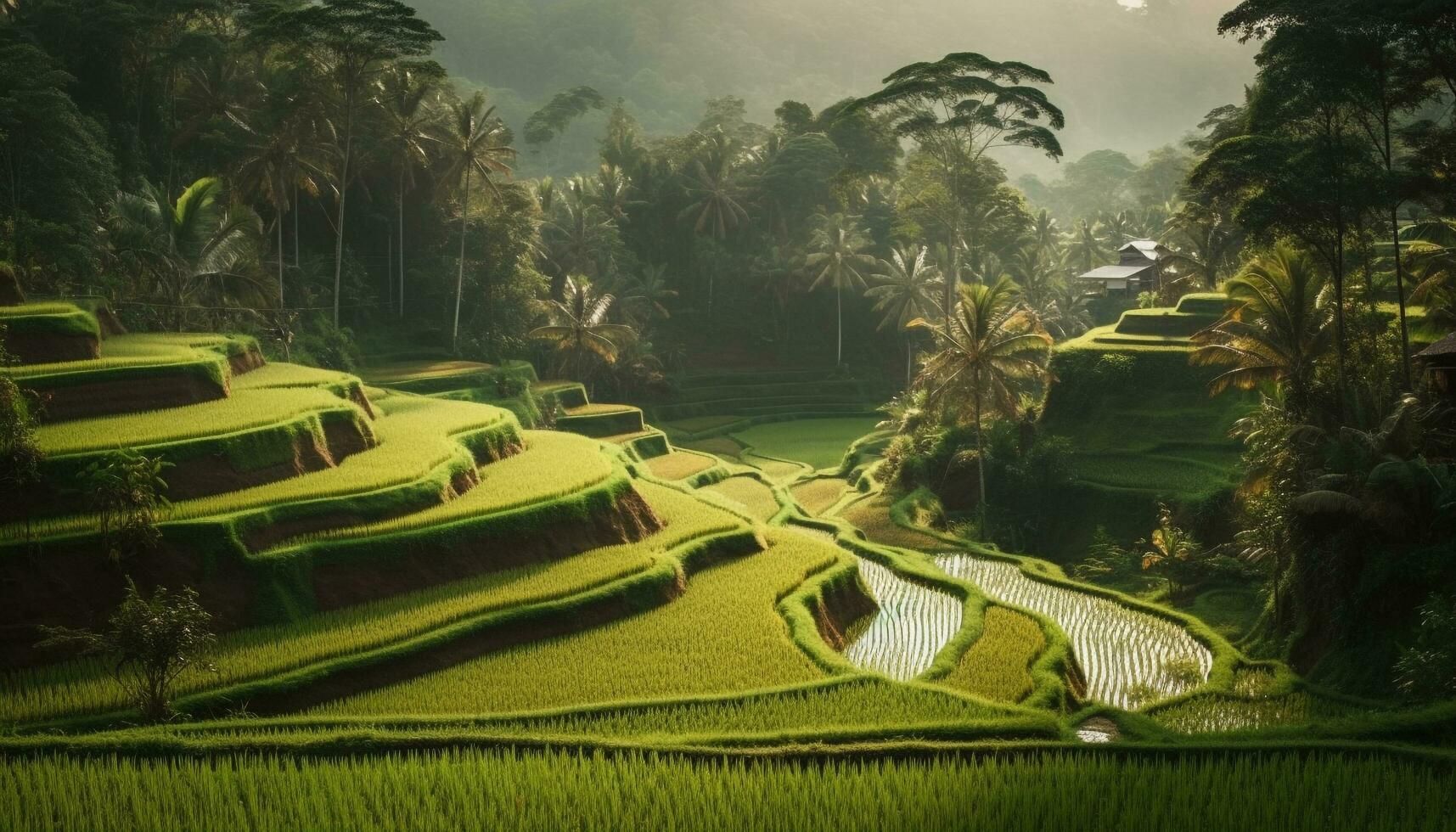 Rice paddy growth controls Balinese landscape, a food staple industry pattern generated by AI photo