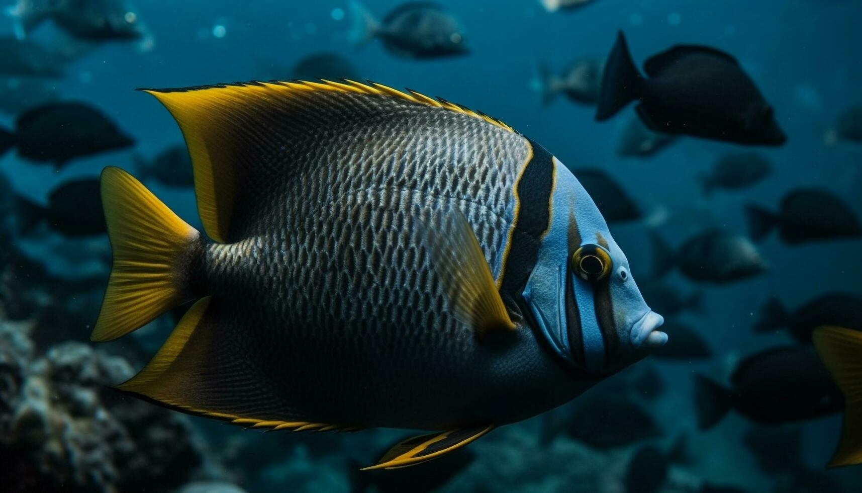 Yellow wrasse diving into motion below Caribbean reef, saltwater beauty generated by AI photo