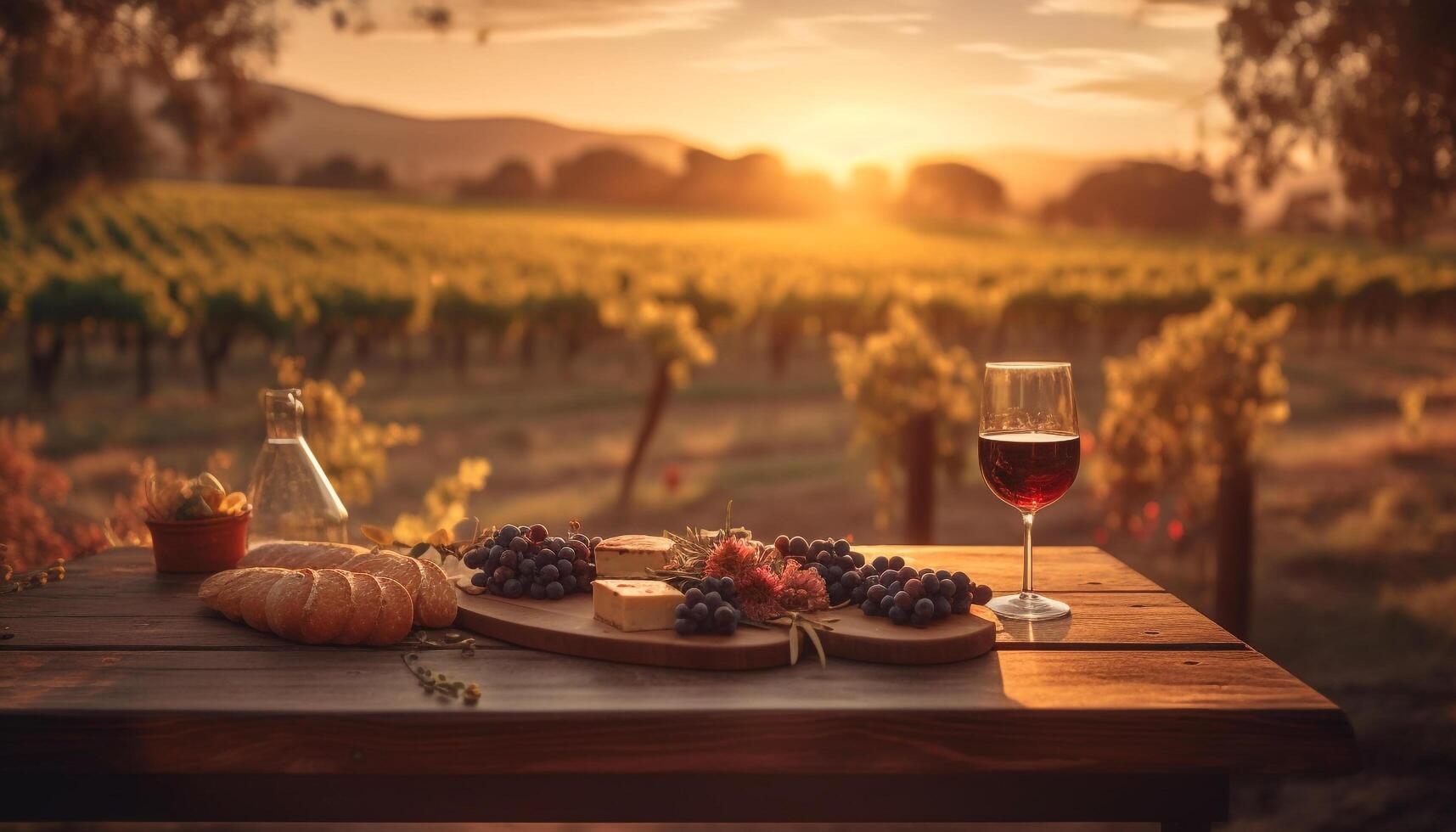 orgánico rojo vino en un rústico viñedo, Perfecto para relajación generado por ai foto