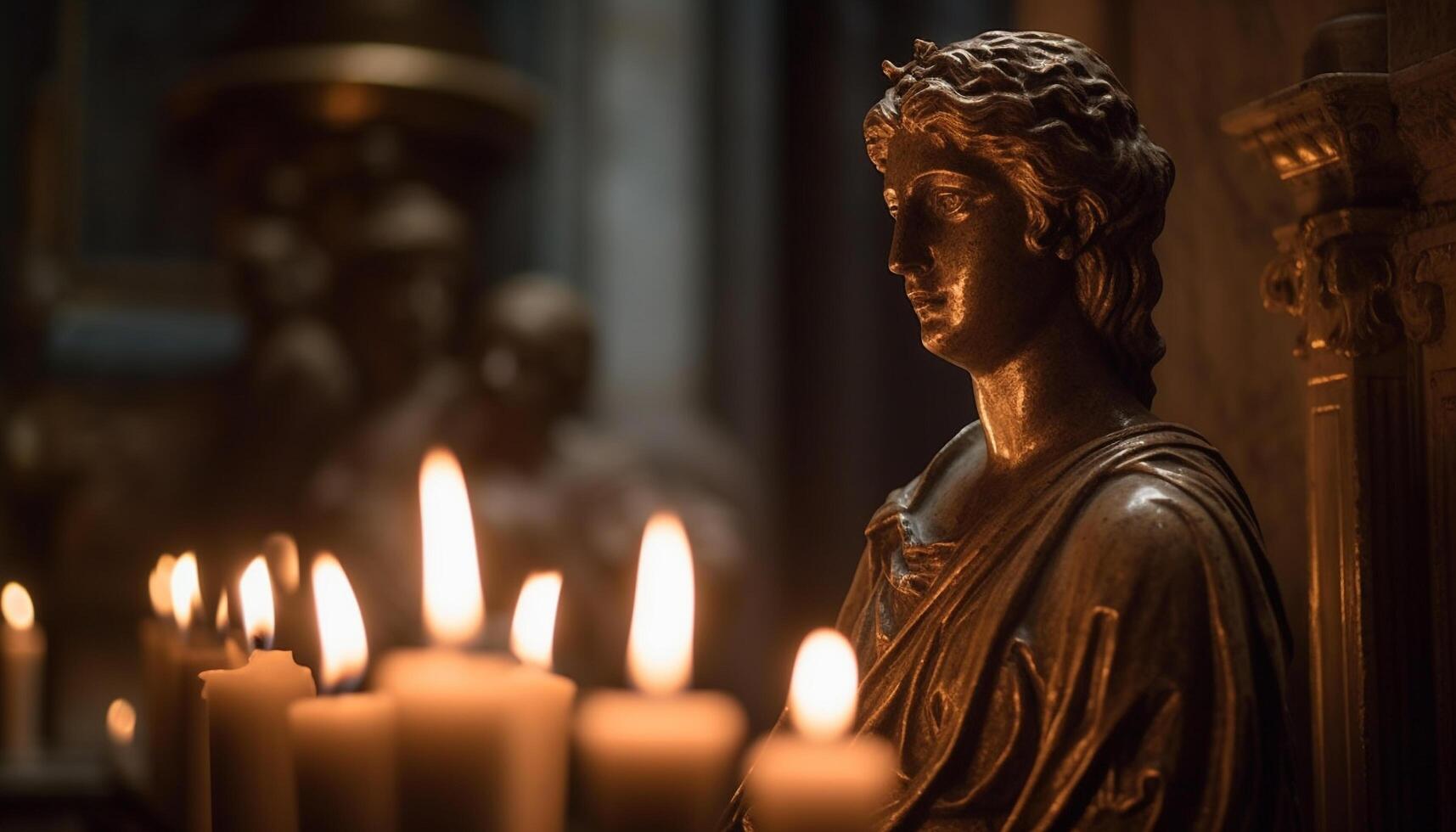 Catholic chapel illuminated by candlelight, statue holding bible symbolizes love generated by AI photo