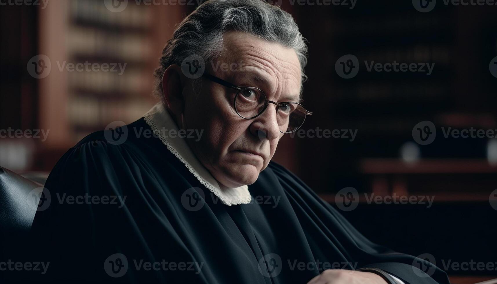 Serious senior businessman sitting at table, contemplating retirement with sadness generated by AI photo