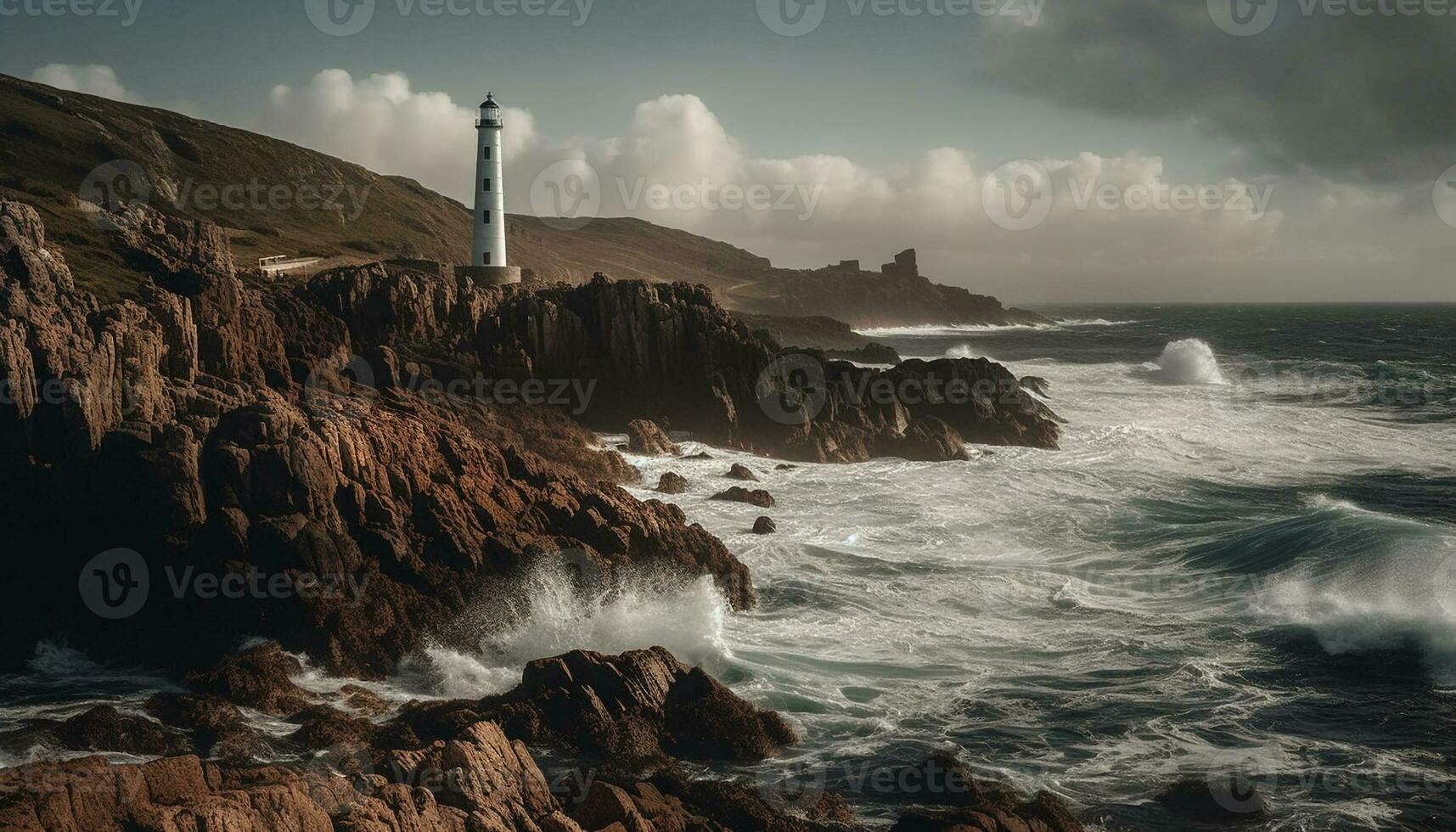 Rough seas crash against cliff, beacon guides sailors home generated by AI photo