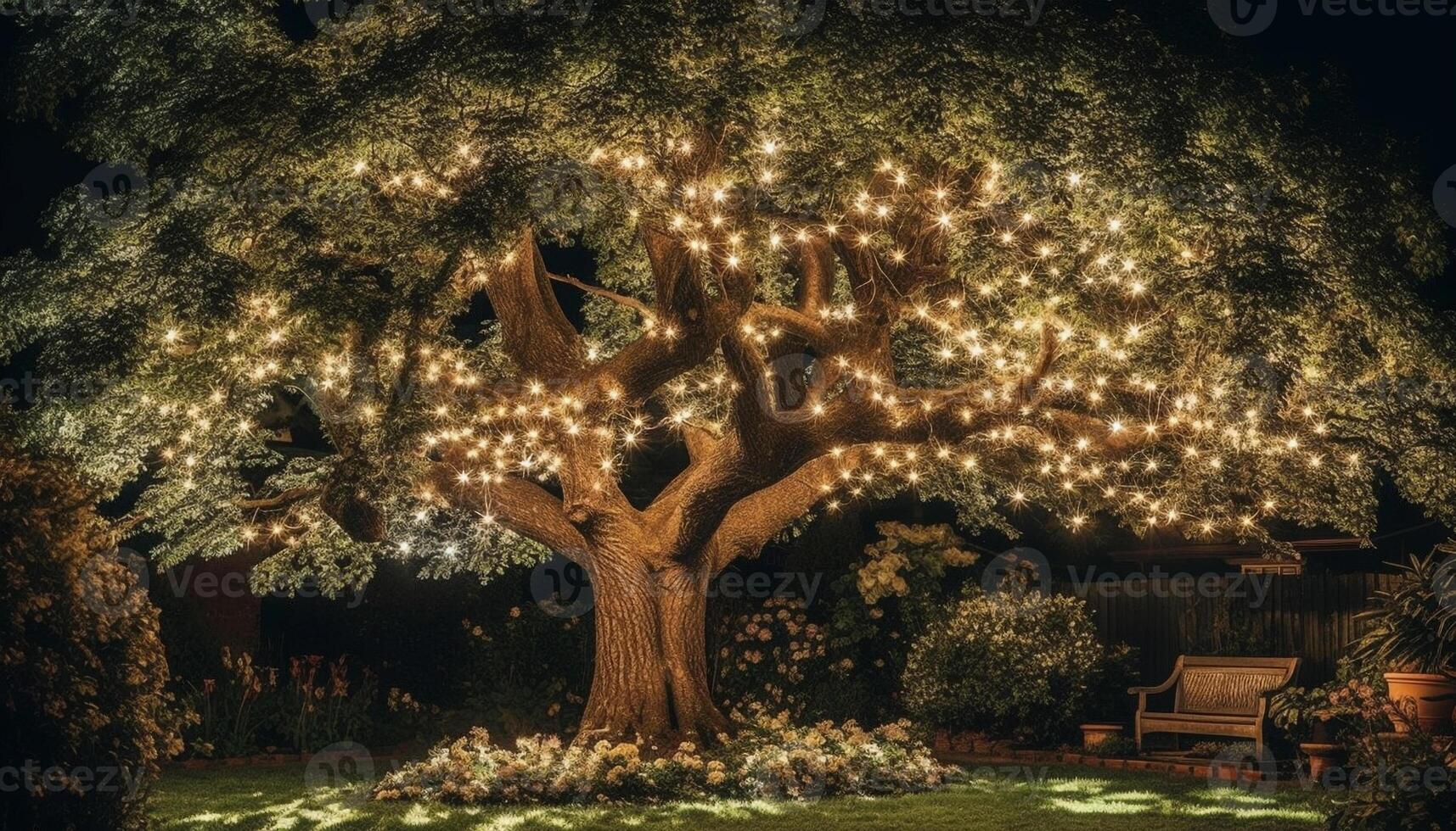 Illuminated tree branches glow in the dark winter night sky generated by AI photo