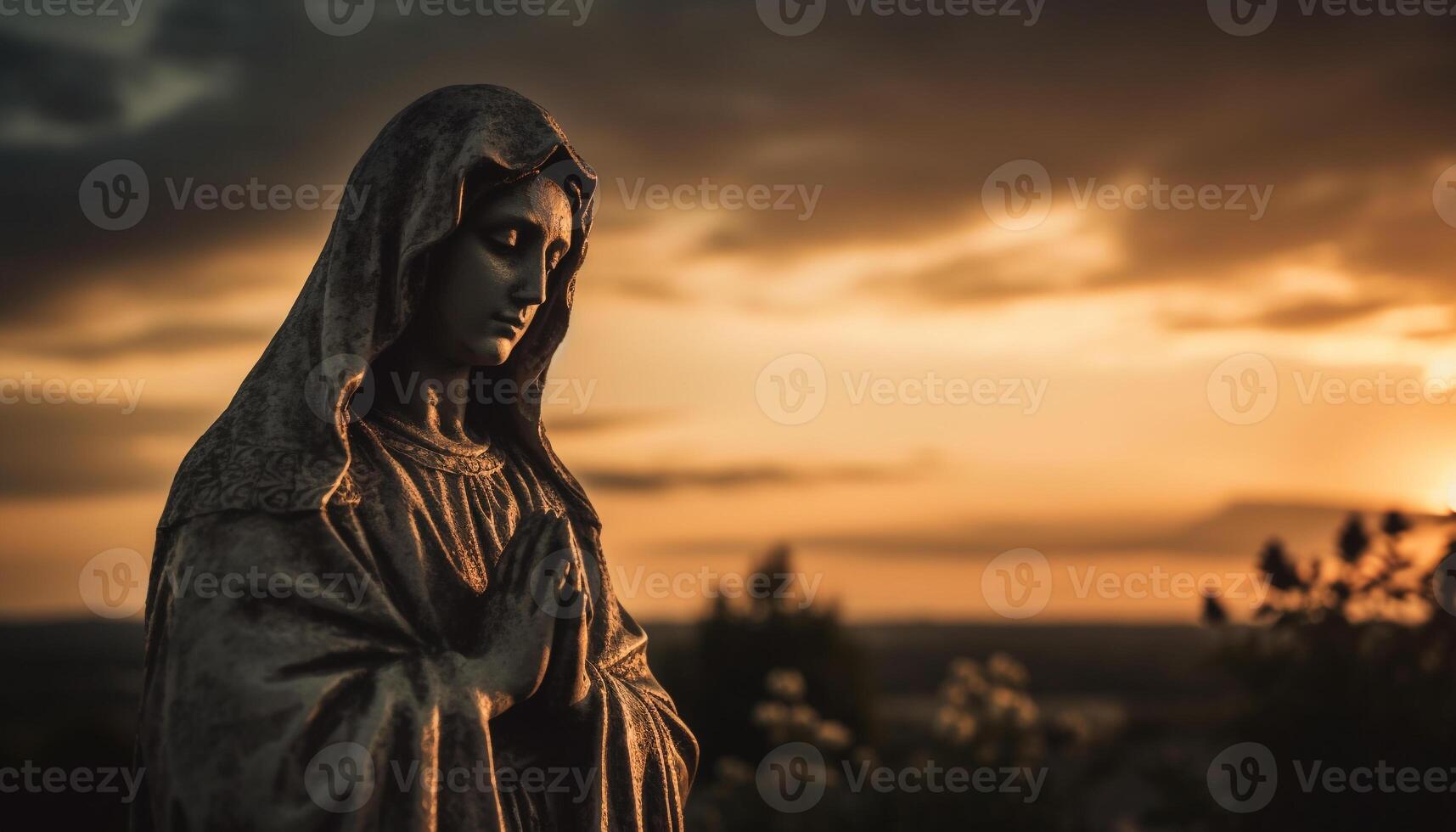 Silhouette of praying woman at dusk with gothic architecture generated by AI photo