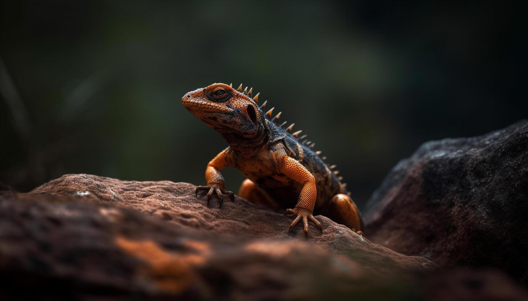 Green iguana on branch in tropical rainforest, alert and looking generated by AI photo