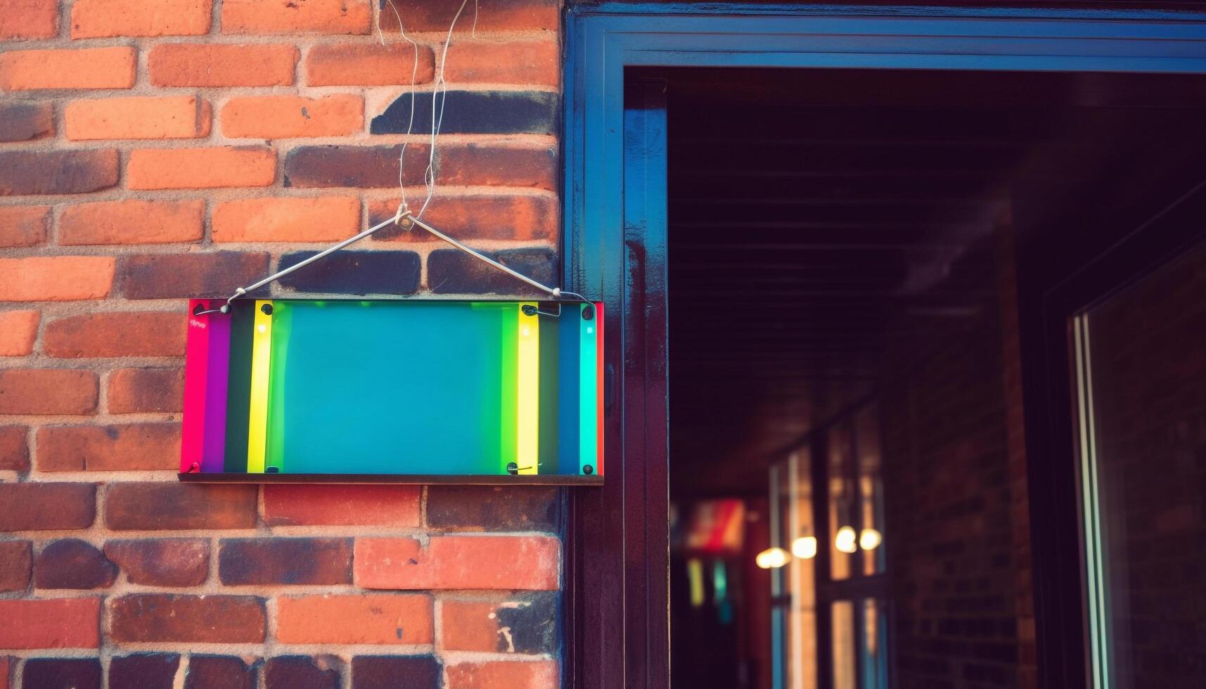 Illuminated brick wall with hanging electric lamp in modern cityscape generated by AI photo