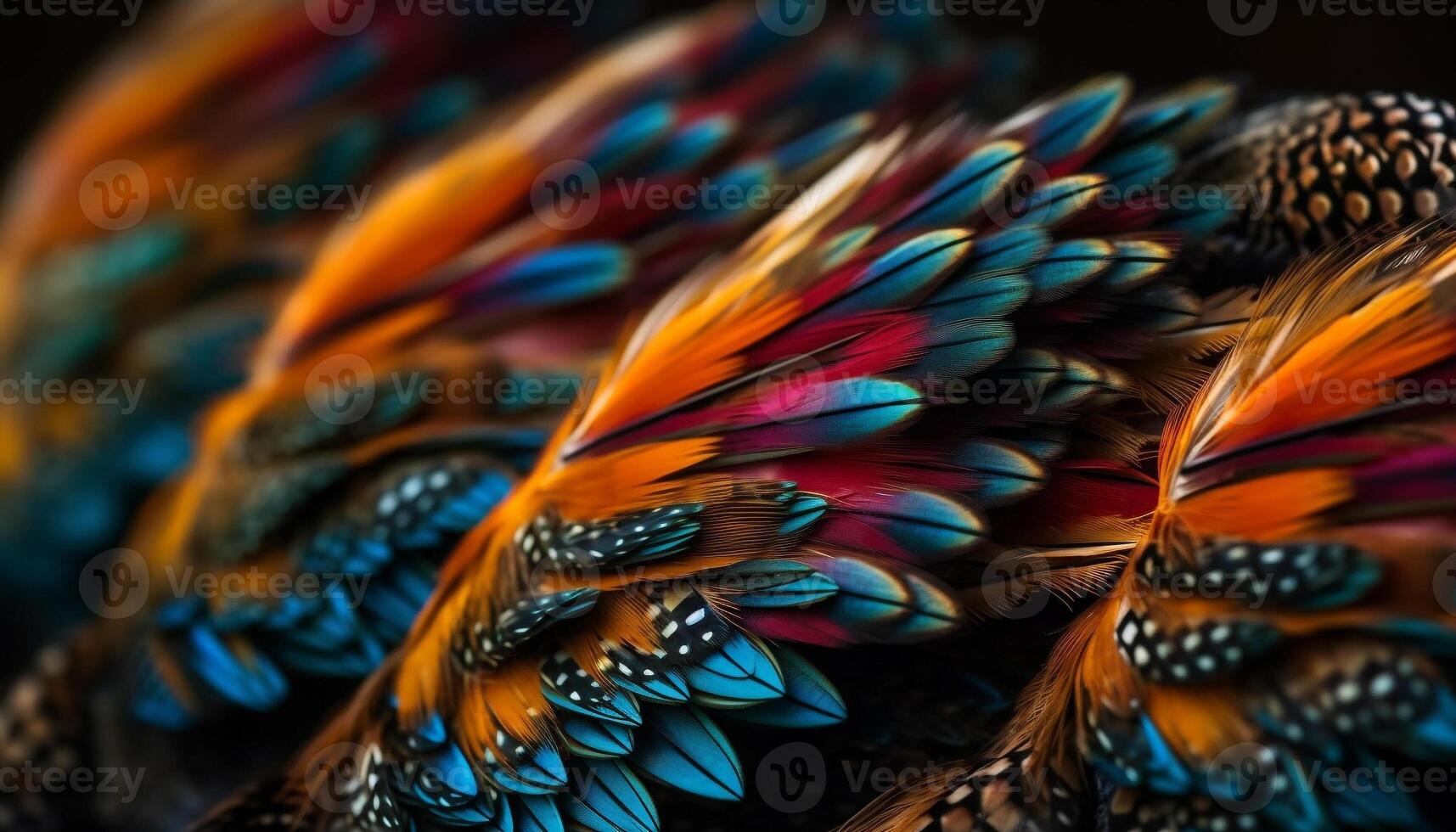 Vibrant multi colored peacock feathers showcase nature beauty in abstract design generated by AI photo
