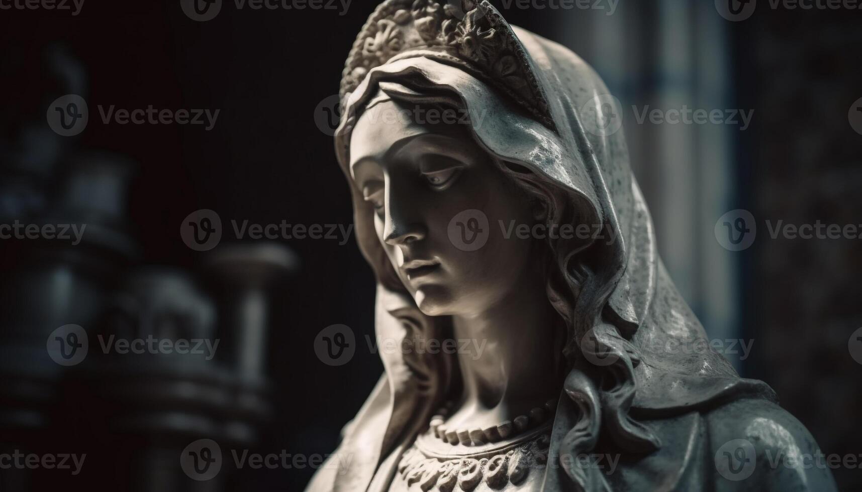 Praying woman in front of gothic style statue of Jesus generated by AI photo