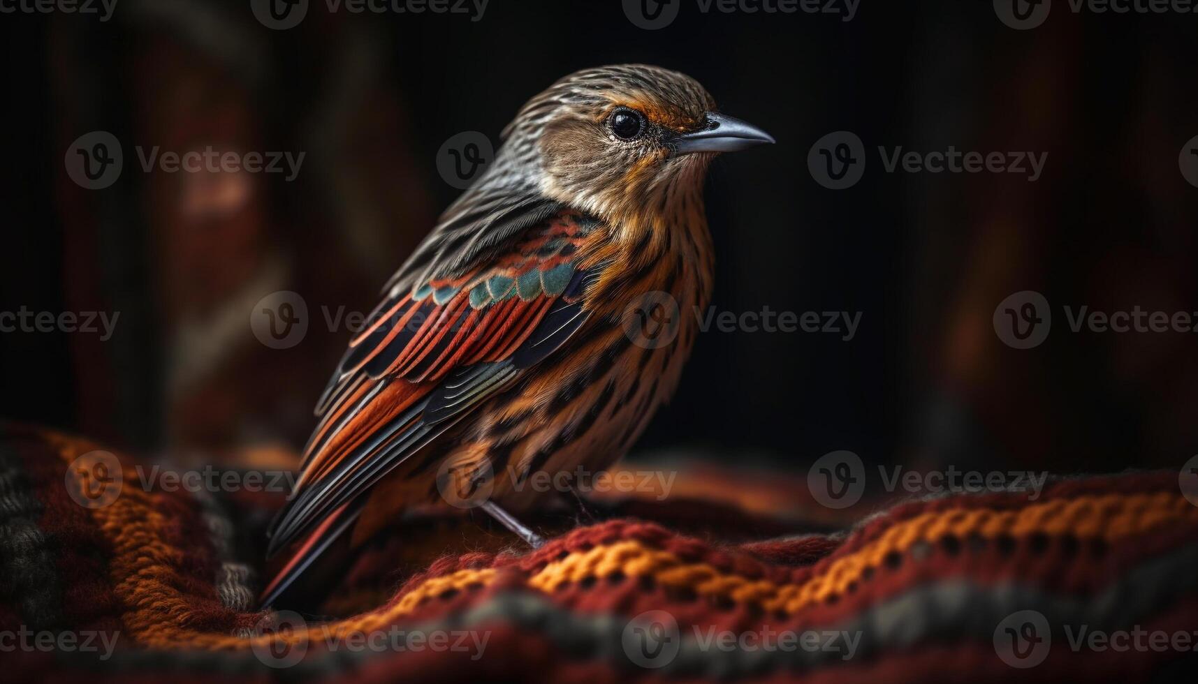 Small yellow songbird perching on branch, striped feathers, cute portrait generated by AI photo