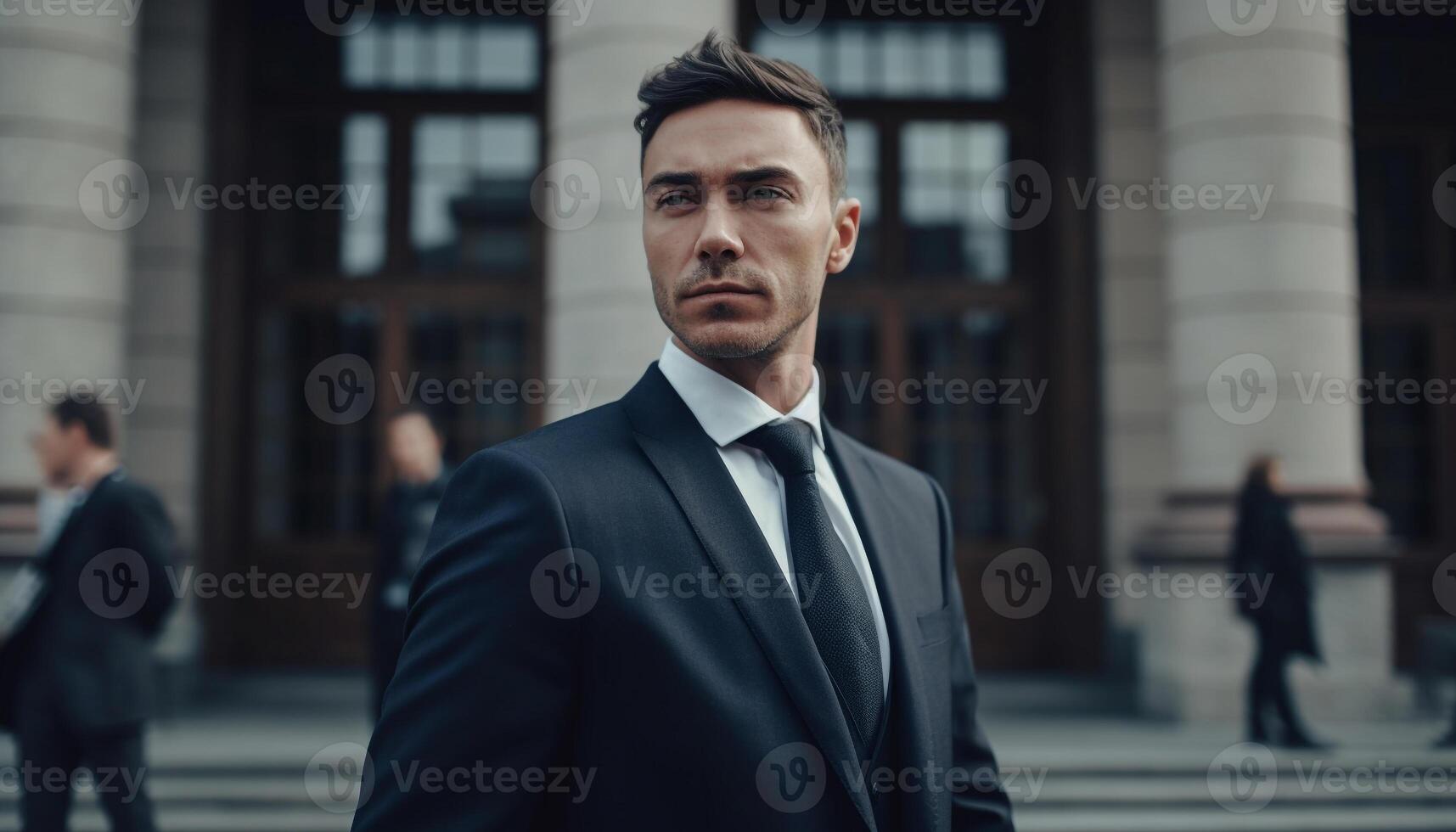 Confident young businessman in elegant suit walking in city outdoors generated by AI photo