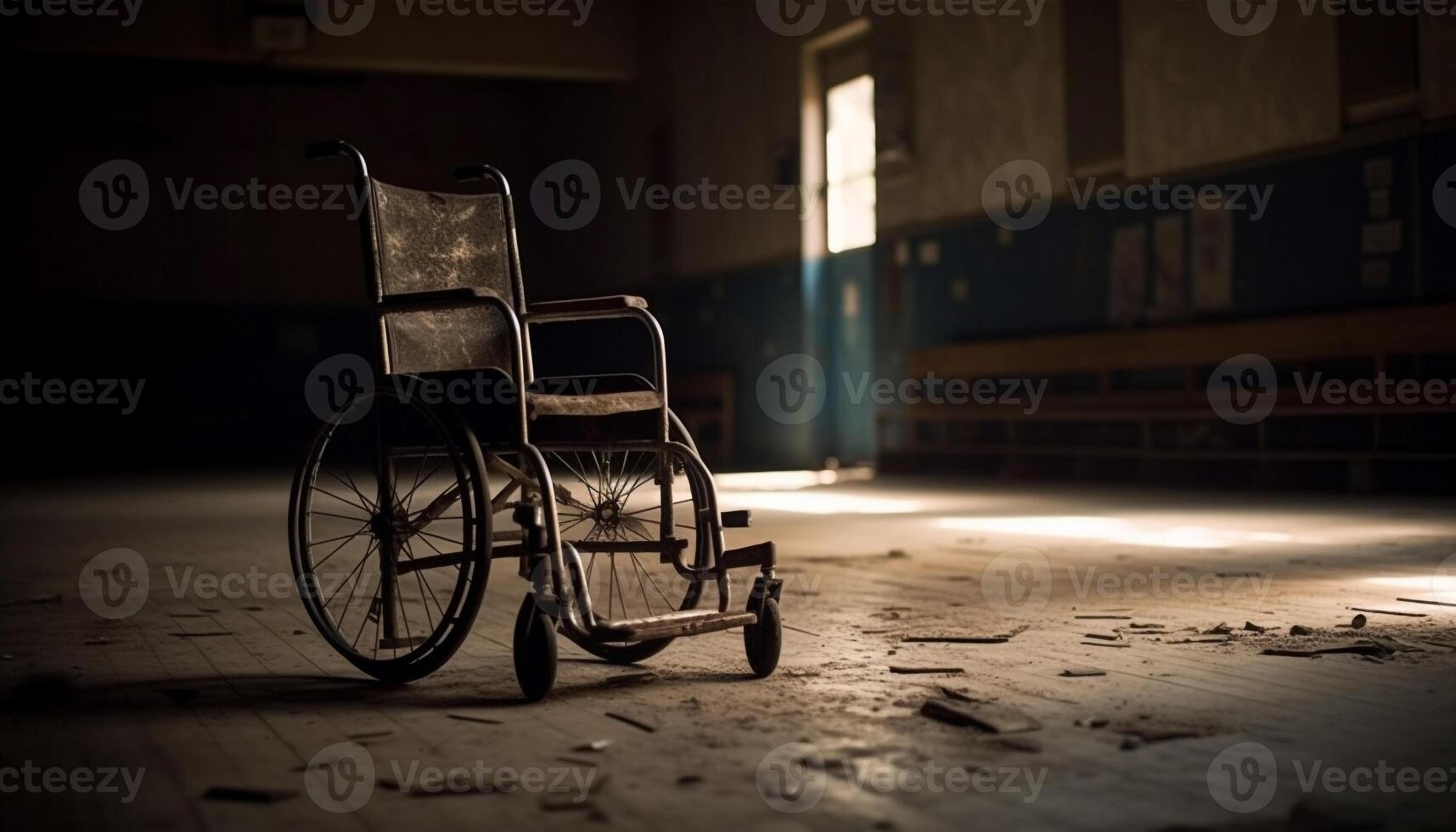 Abandoned wheelchair sits in dark hospital corridor, symbolizing physical impairment generated by AI photo