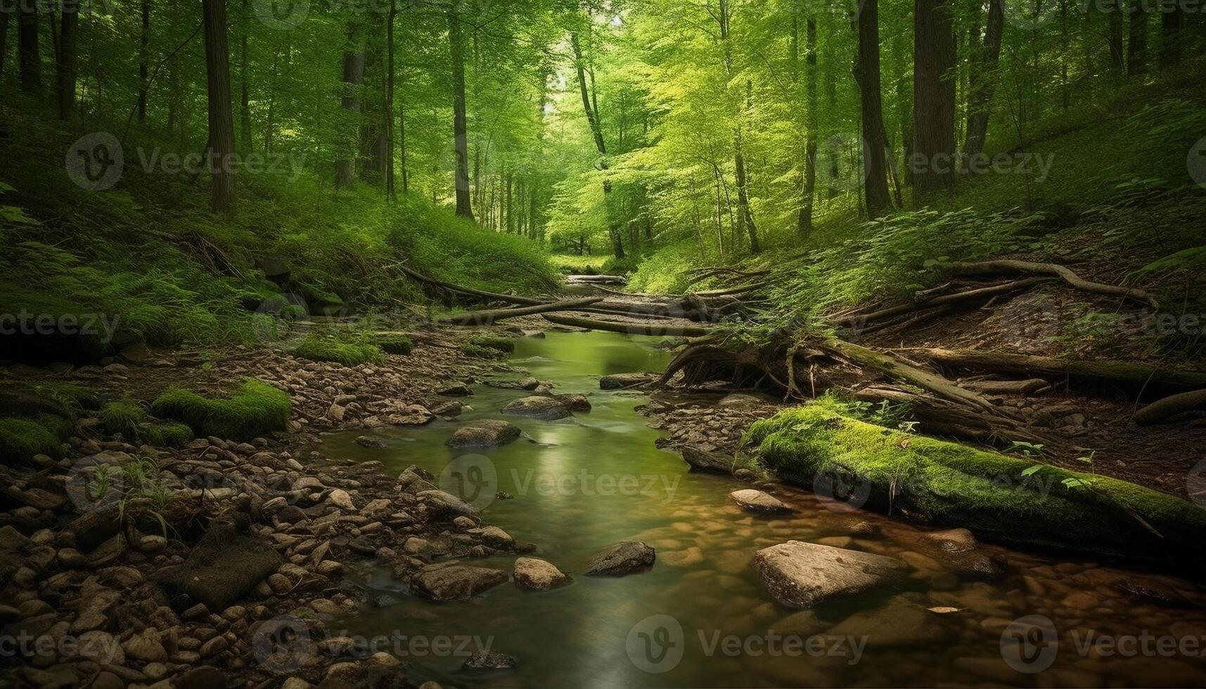 Tranquil scene of flowing water in lush tropical rainforest generated