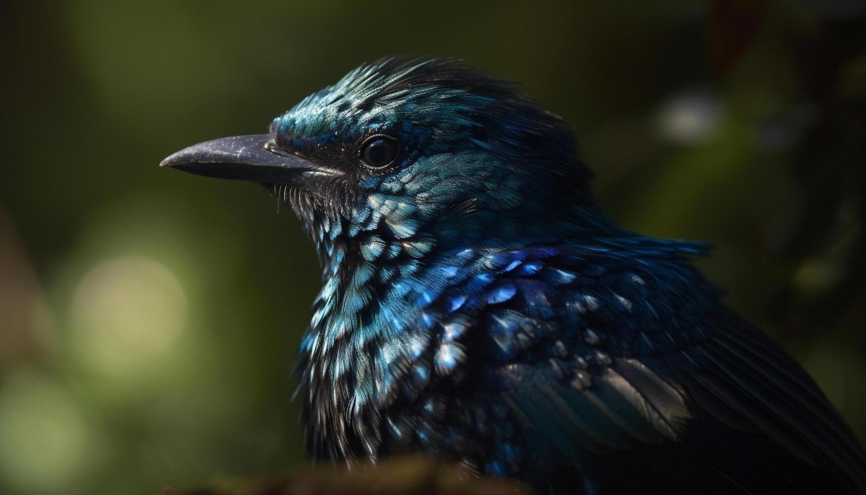 Iridescent hummingbird perching on branch, looking at camera, shiny feathers generated by AI photo