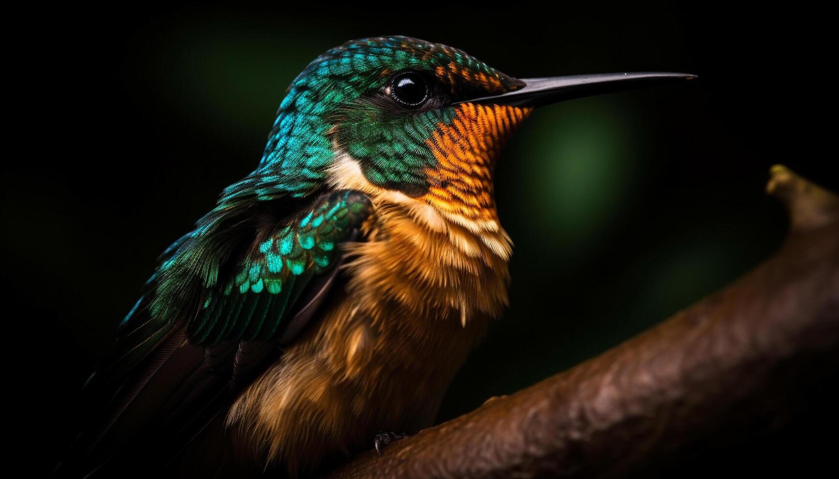 Vibrant hummingbird perching on green branch in tropical rainforest generated by AI photo