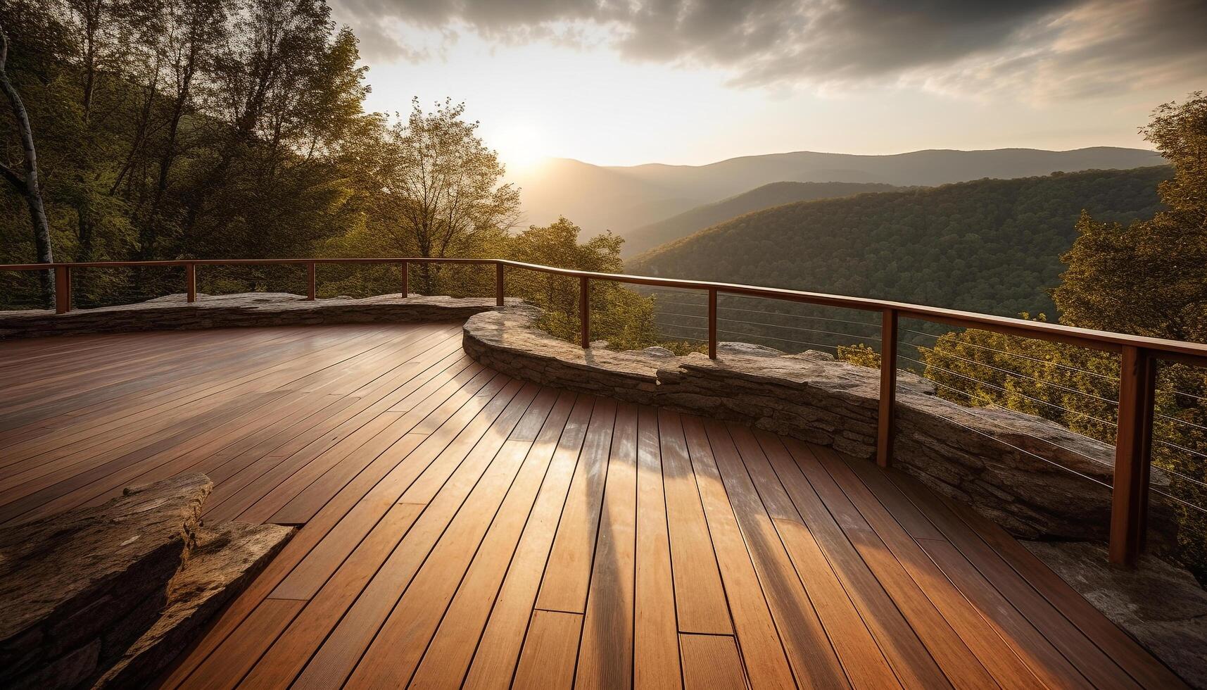 Tranquil scene Sunrise over mountain range, pine trees and footpath generated by AI photo