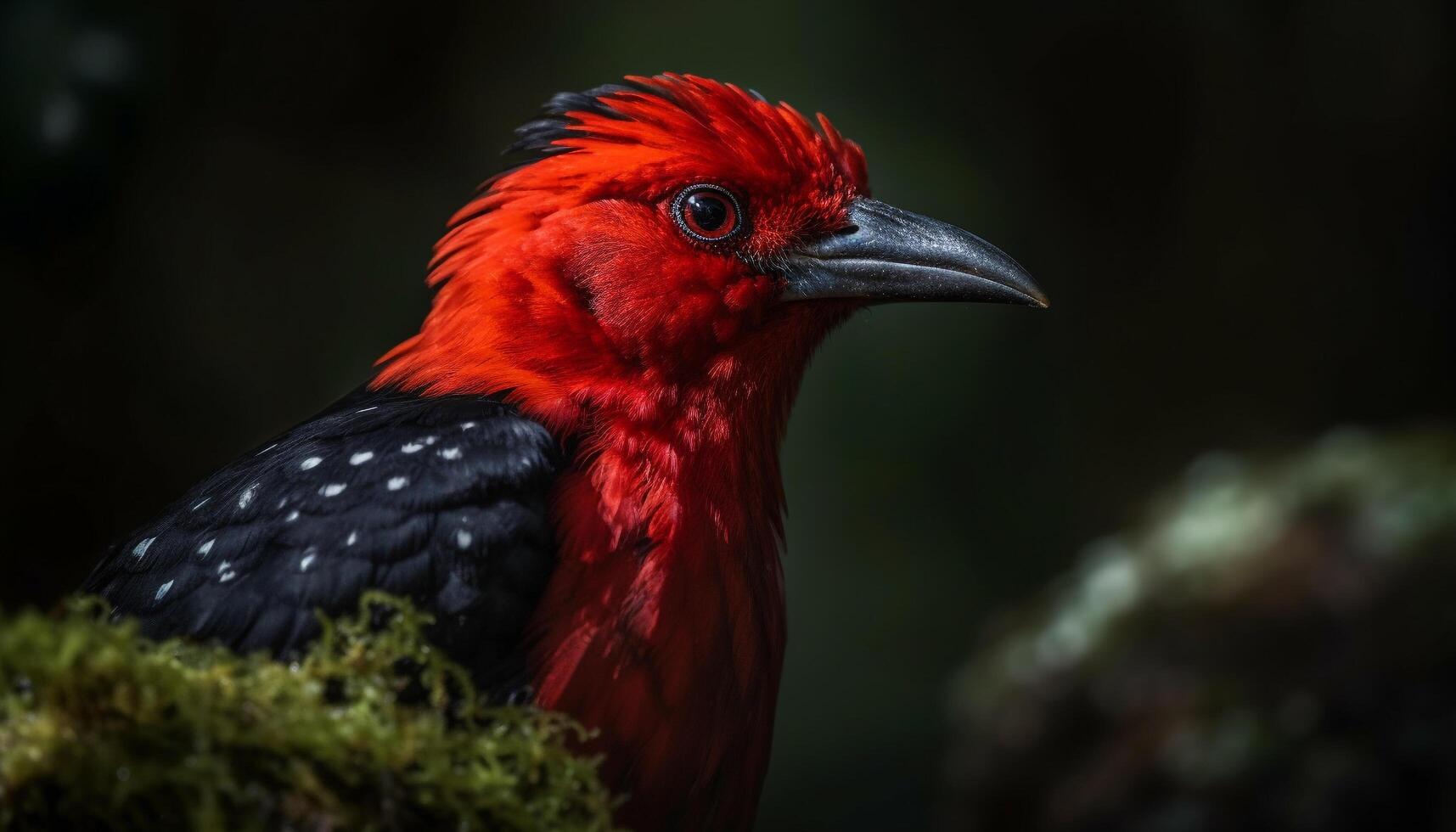 Colorful cockerel perched on branch, eyeing the camera in forest generated by AI photo