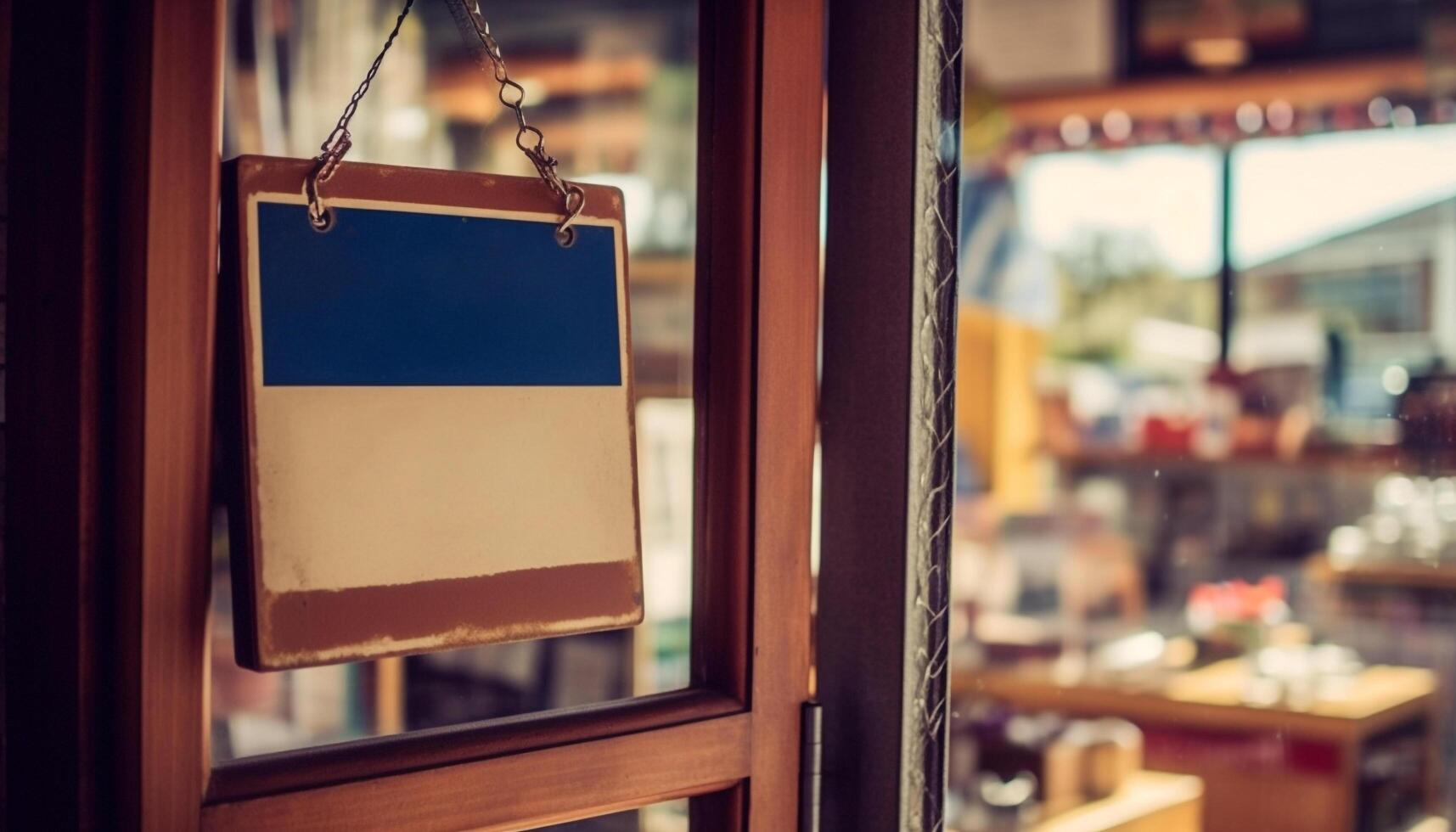 Old fashioned metal sign hanging in antique store window, selective focus generated by AI photo