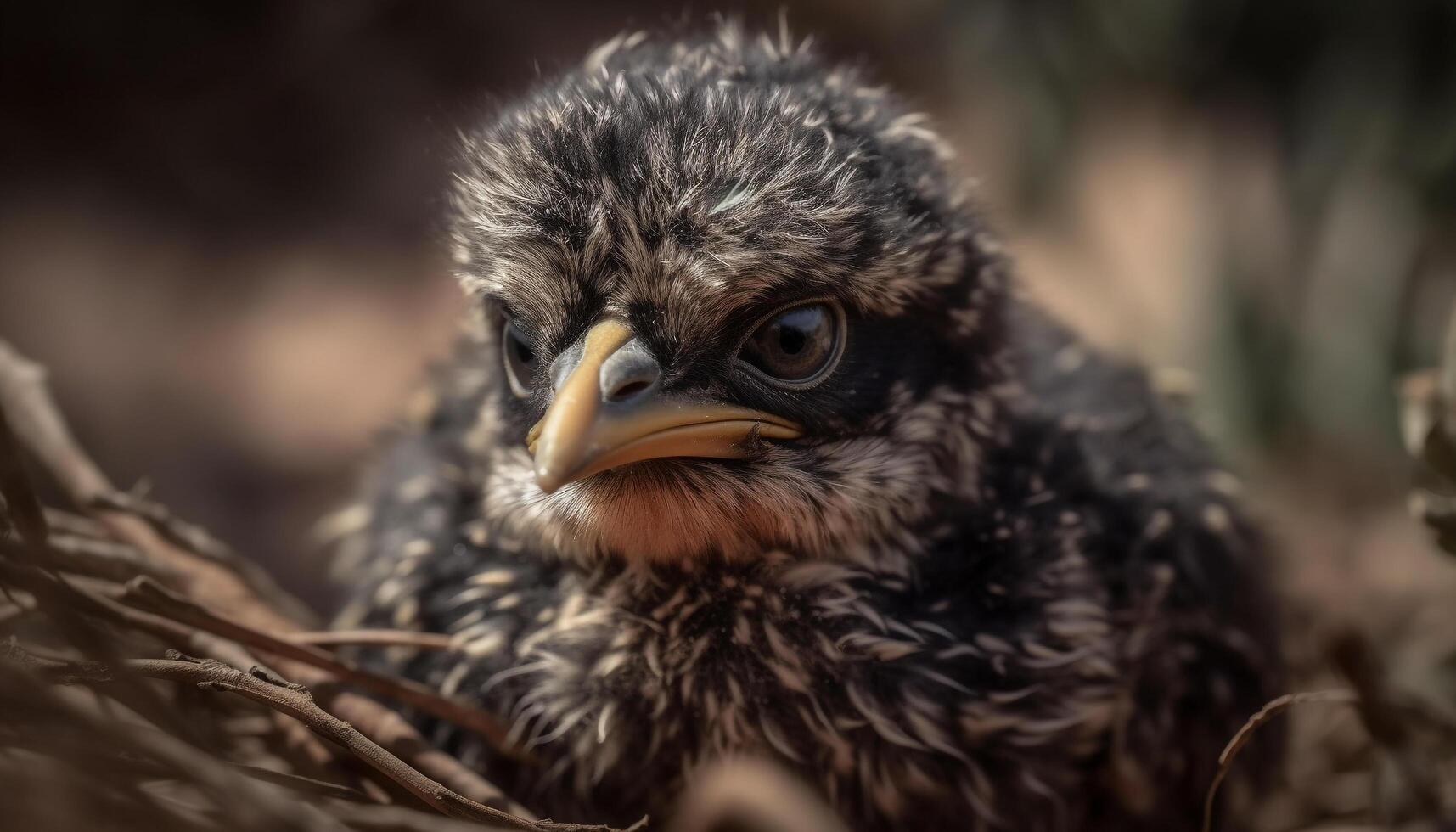 Young hawk perched on branch, close up of piercing eye generated by AI photo