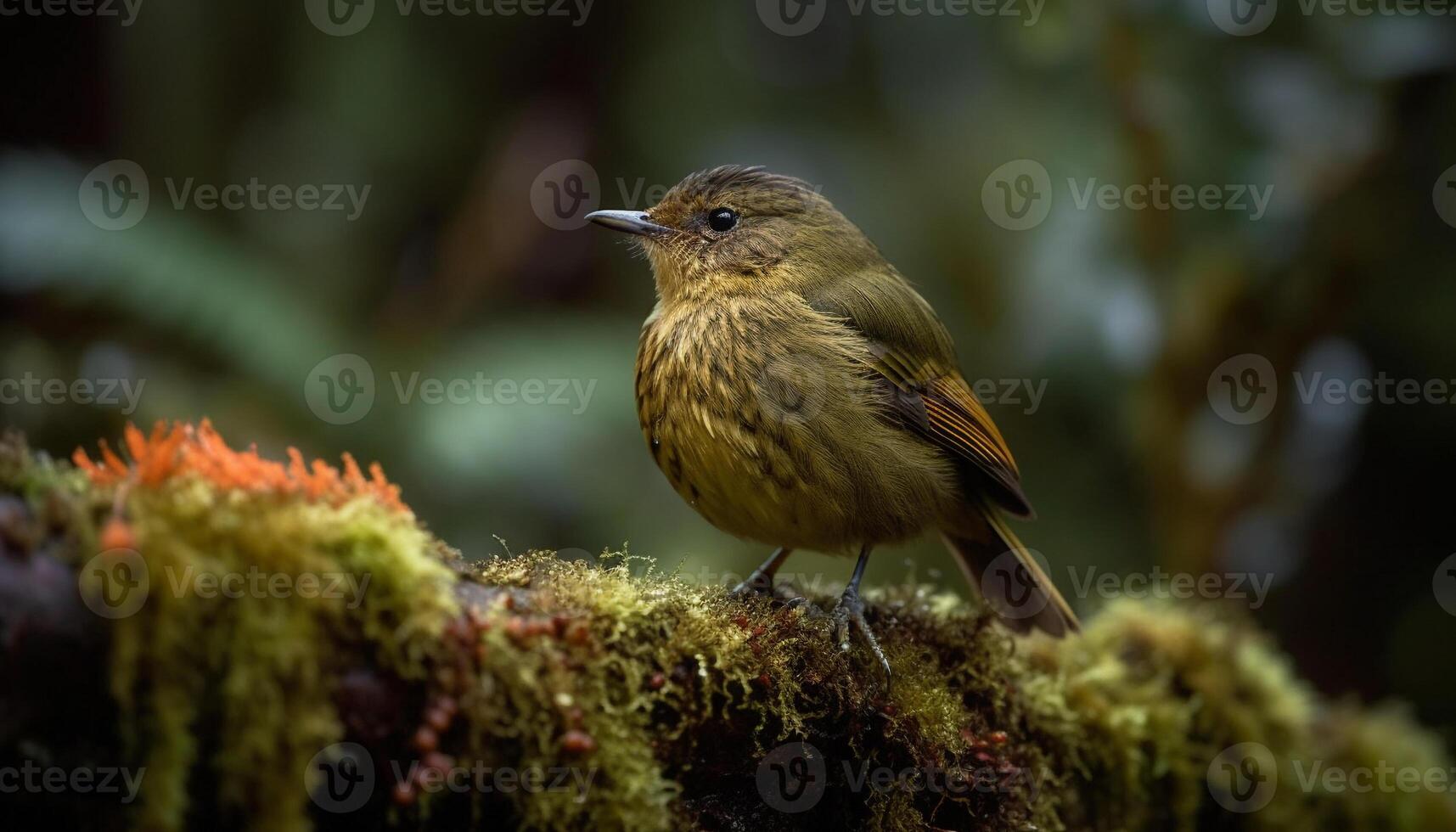 Small bird perching on branch, feathers and beak in focus generated by AI photo