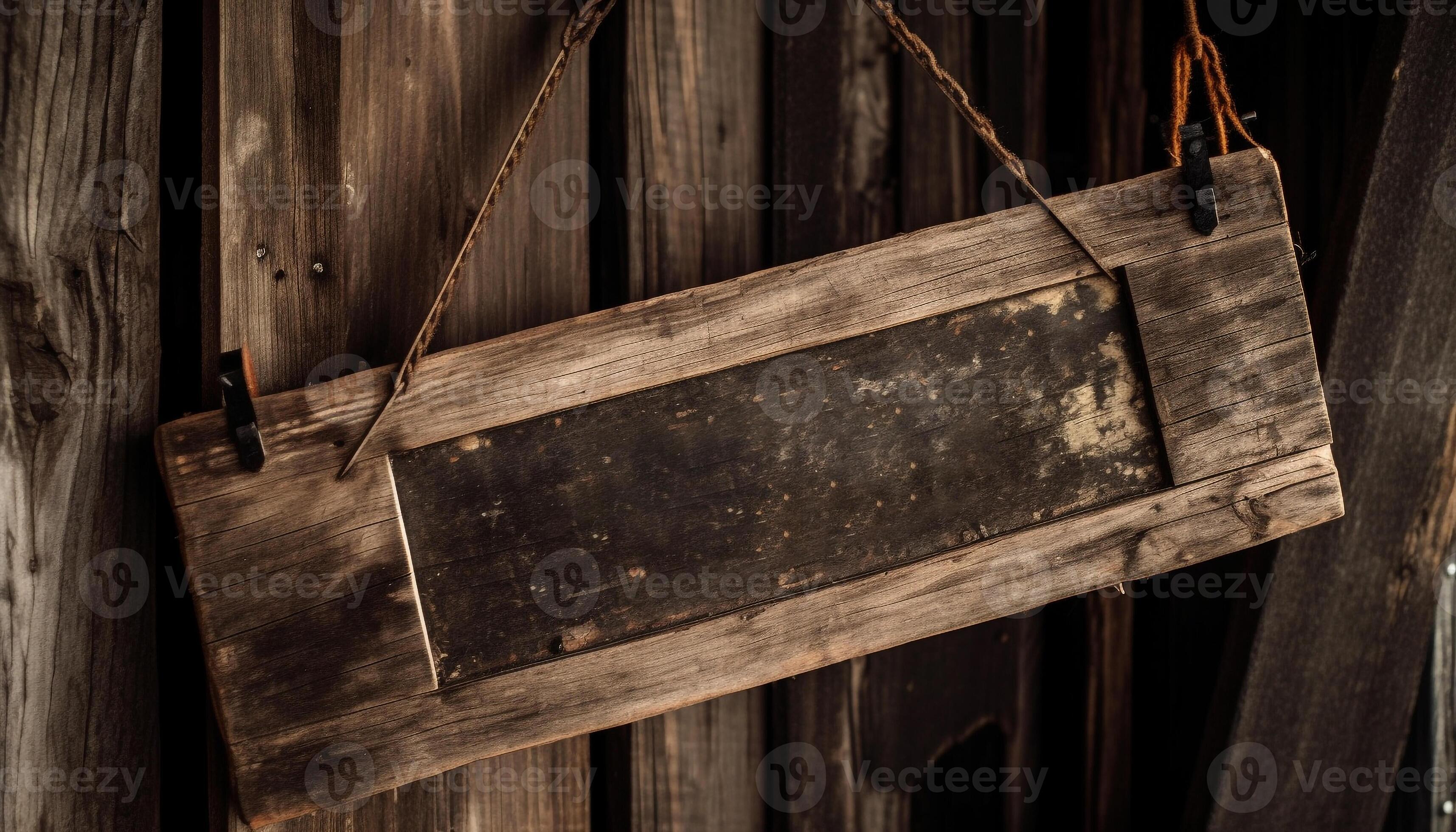 Rustic wooden sign hanging by rope on weathered plank frame generated