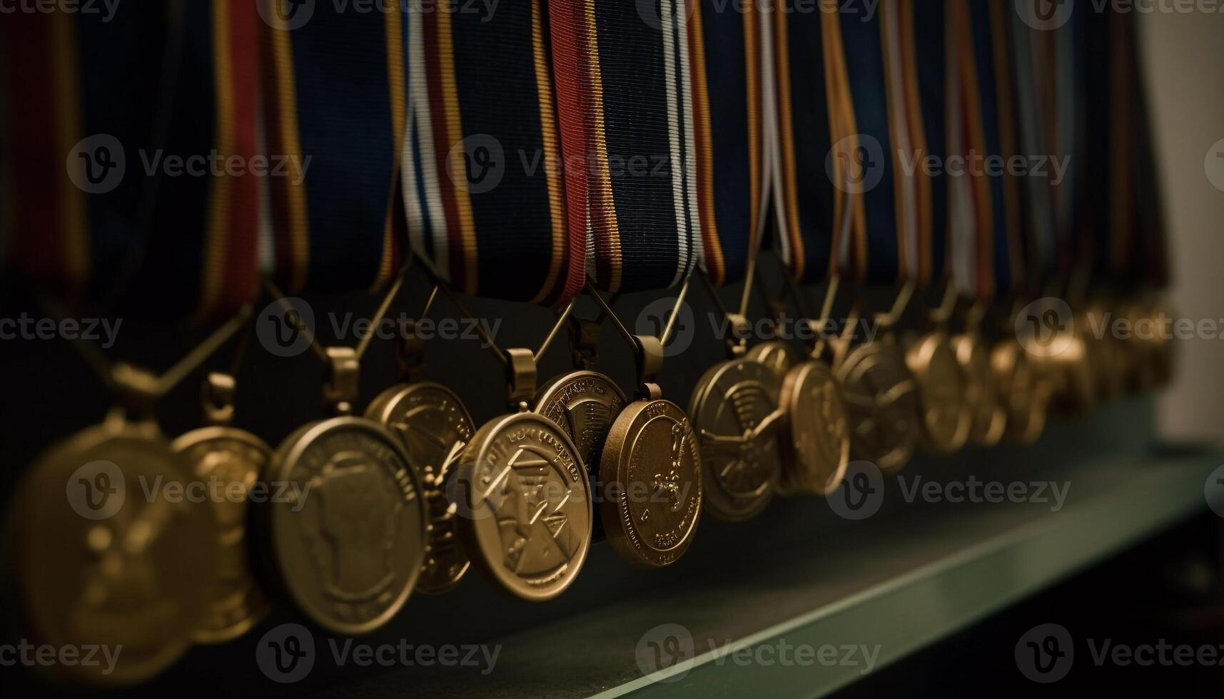 éxito celebracion brillante oro monedas arreglado en selectivo atención generado por ai foto