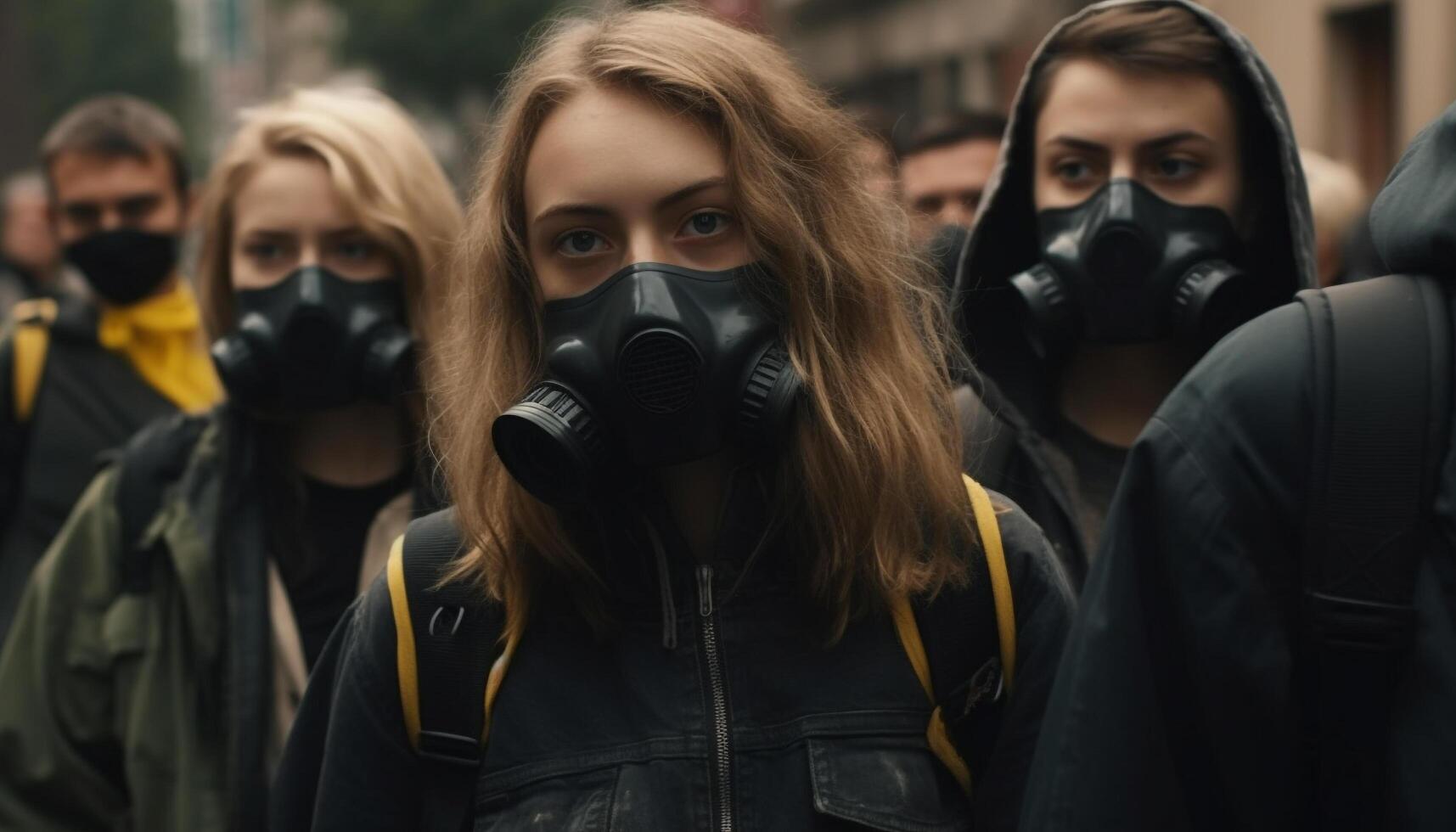 Group of people in workwear and masks protect against pollution generated by AI photo