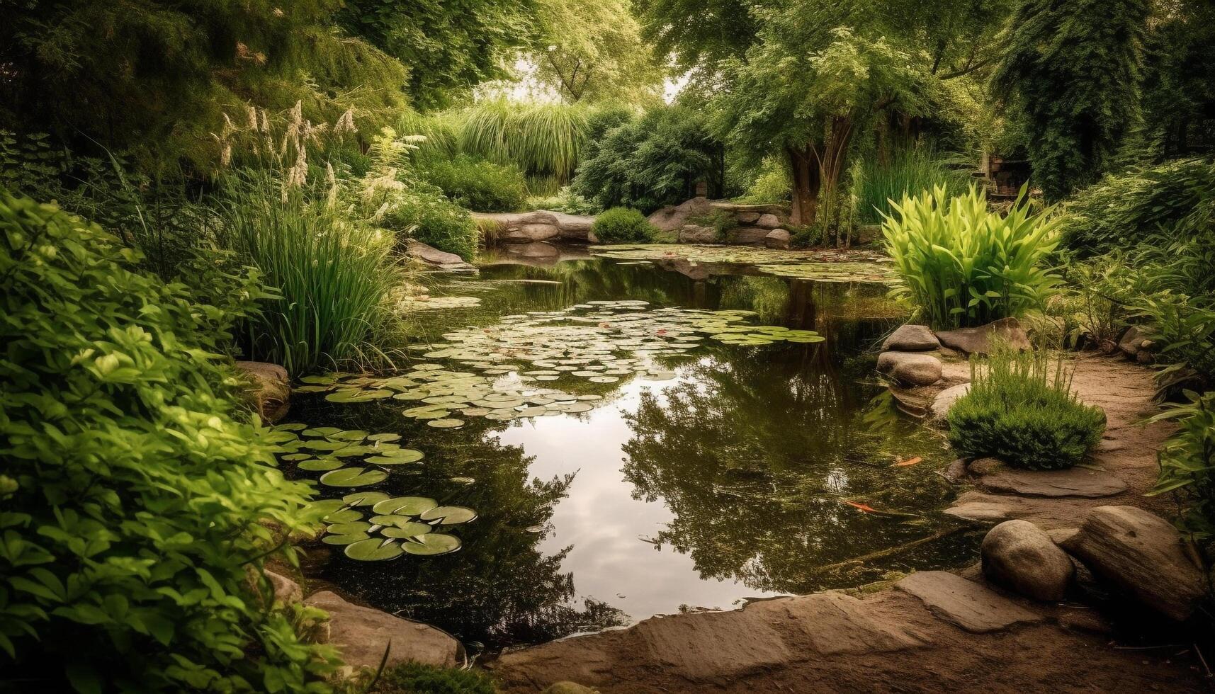 Green leaves on tree branch reflect in tranquil pond water generated by AI photo