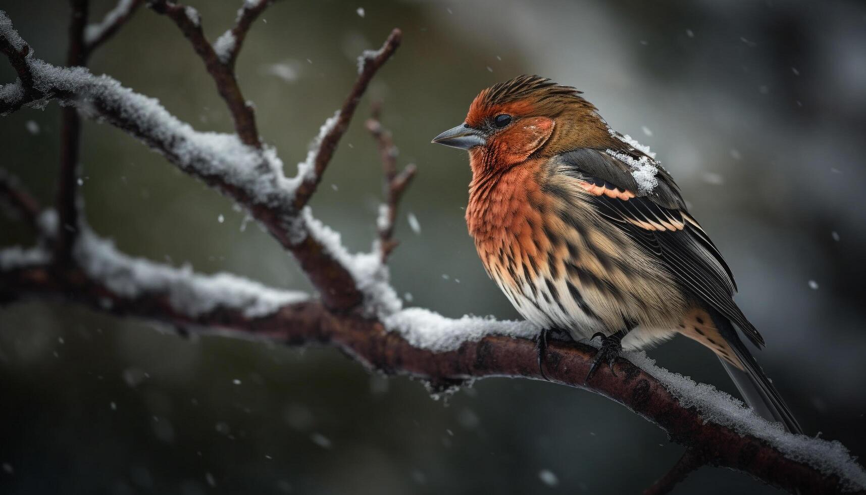 Male songbird perching on snowy branch, close up portrait generated by AI photo