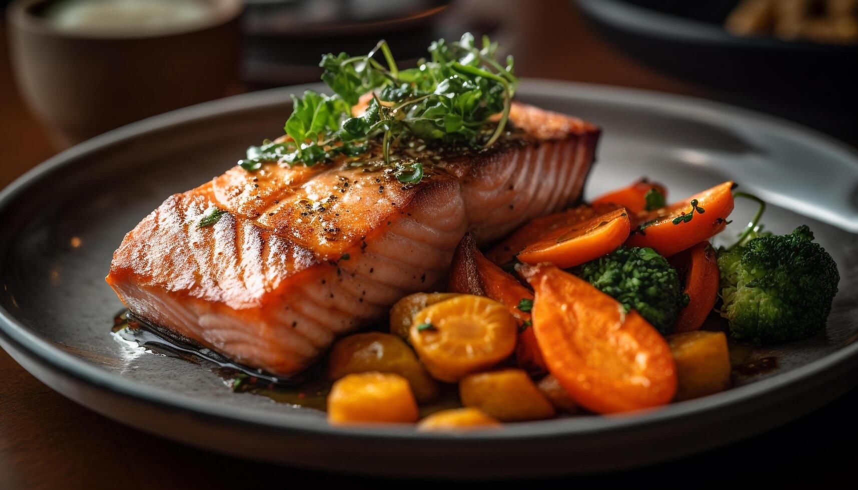 Grilled salmon fillet with vegetable salad, a healthy meal option generated by AI photo