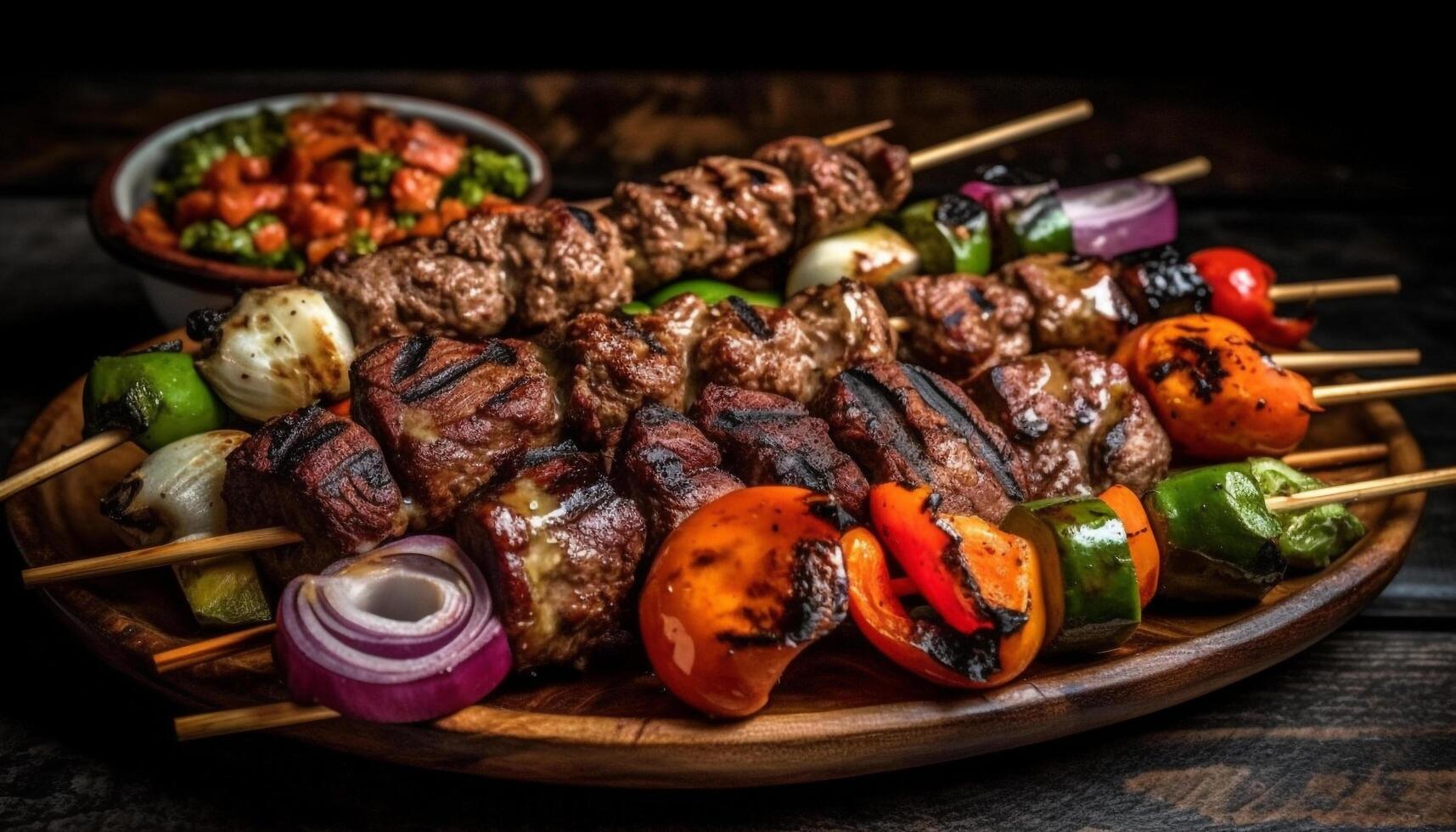 Grilled meat skewers with vegetables, a gourmet summer appetizer plate generated by AI photo