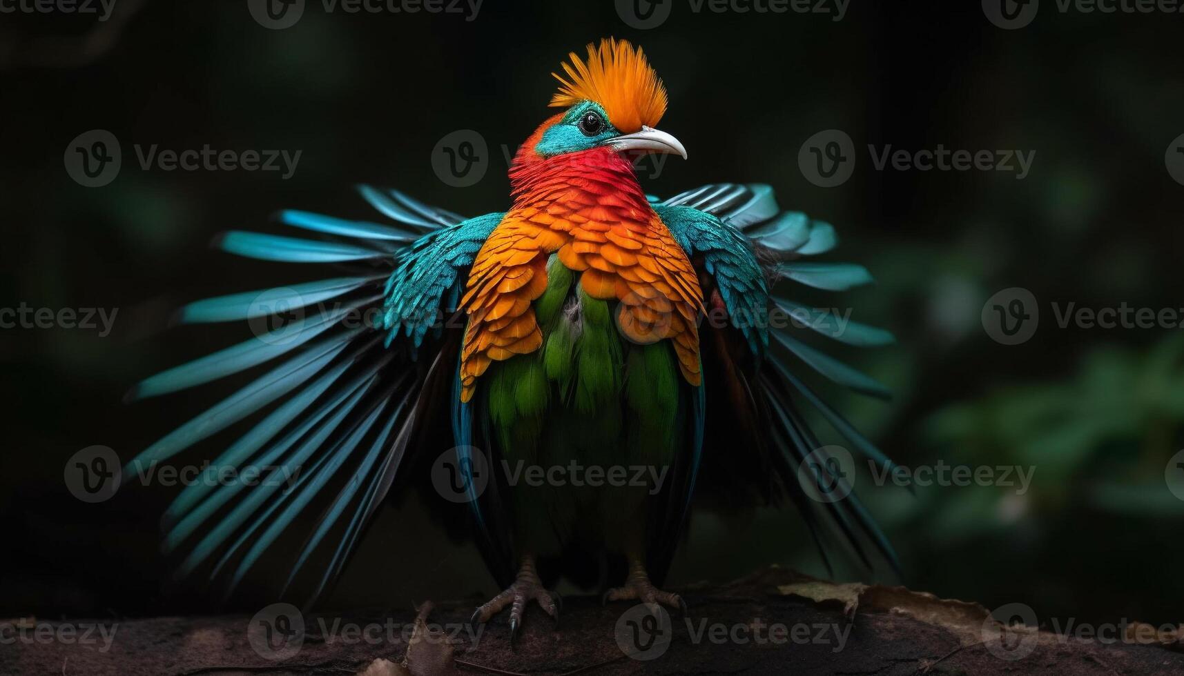 Vibrant gold and blue macaw perching on branch in rainforest generated by AI photo