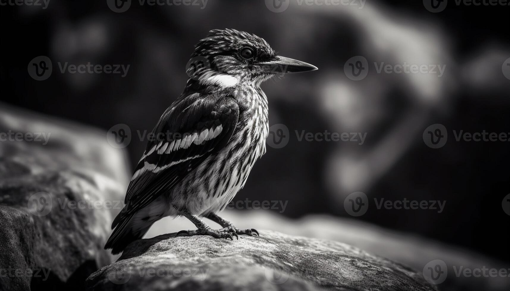 Perching bird on branch, black and white, close up view generated by AI photo
