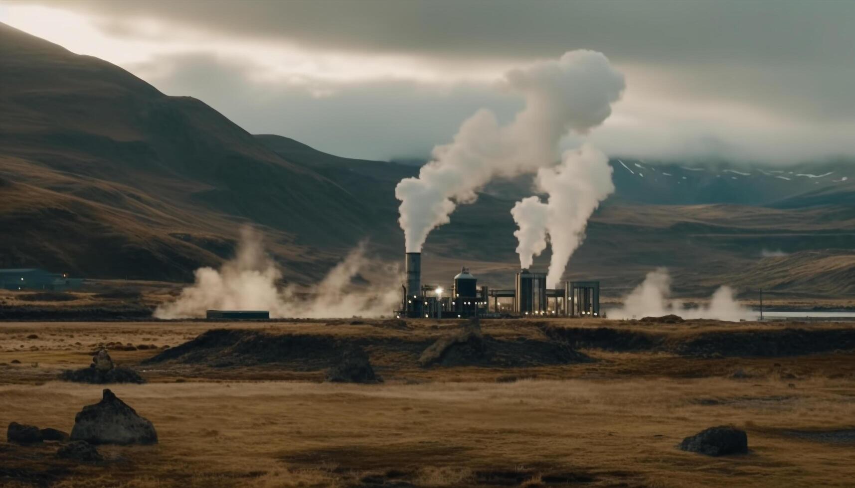 Coal factory chimney pollutes mountain landscape with smog and fumes generated by AI photo