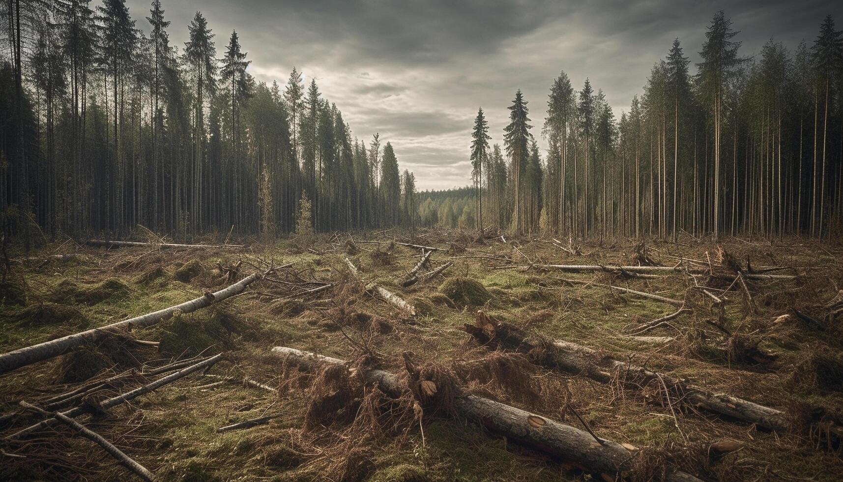 Tranquil scene of forest landscape, with fallen tree and sunset generated by AI photo