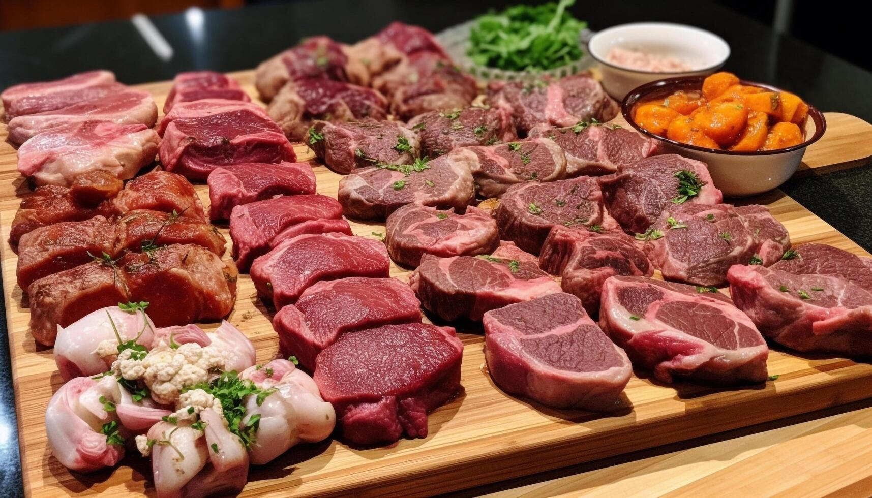 Grilled pork chop on wooden table with fresh vegetable variation generated by AI photo