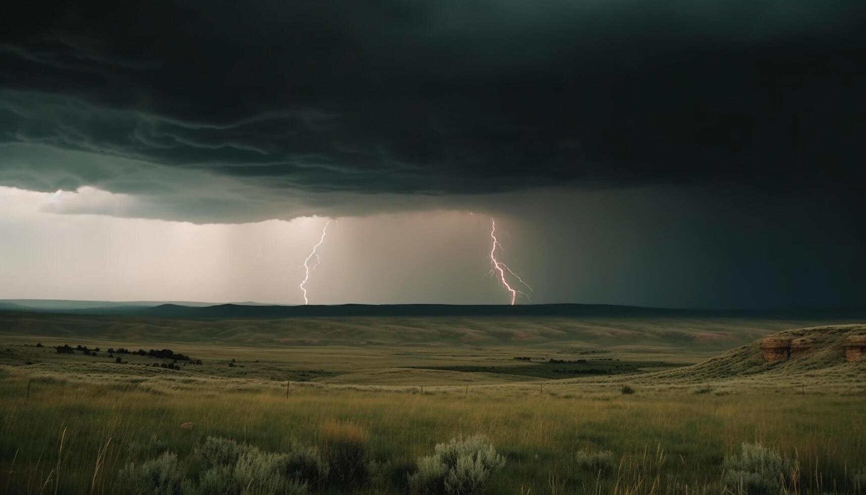 Electricity crackles through ominous storm cloud over majestic mountain range generated by AI photo