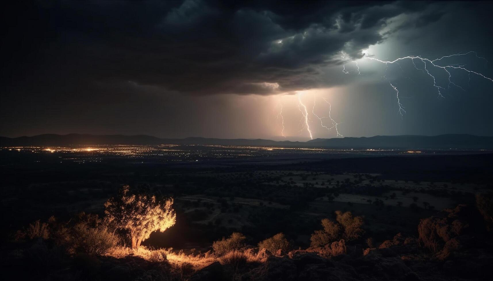 Electricity illuminates the spooky storm cloud over majestic mountain landscape generated by AI photo