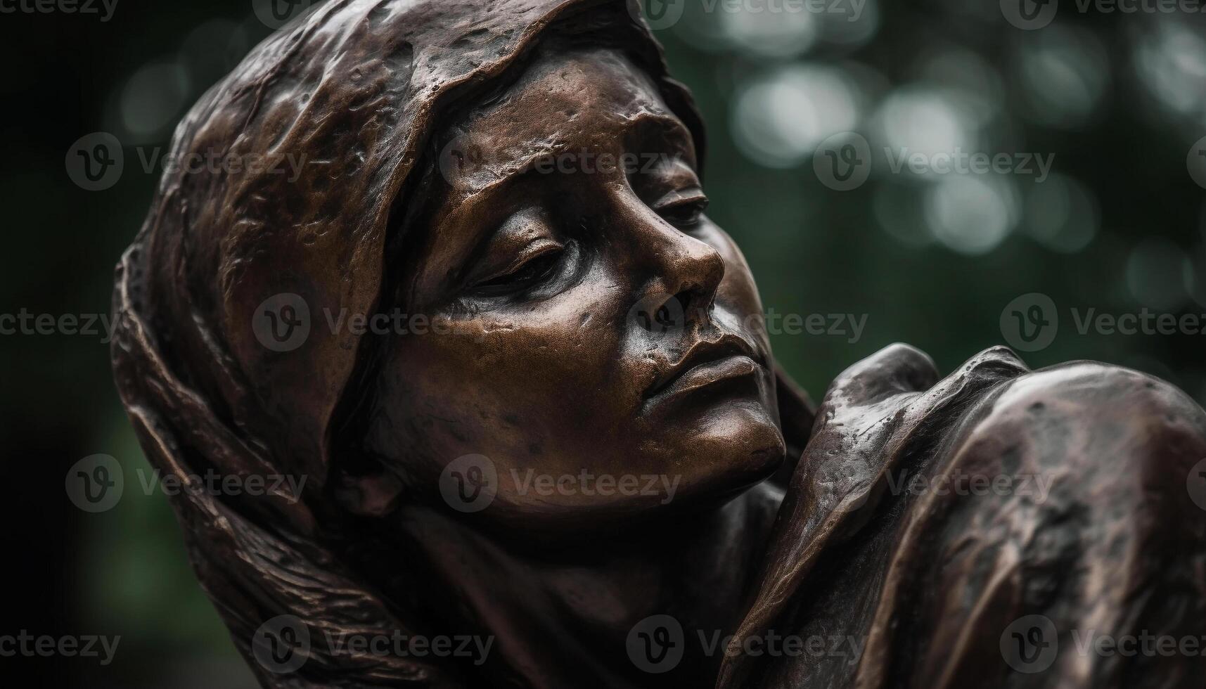 Christian woman praying at an old statue of indigenous culture generated by AI photo