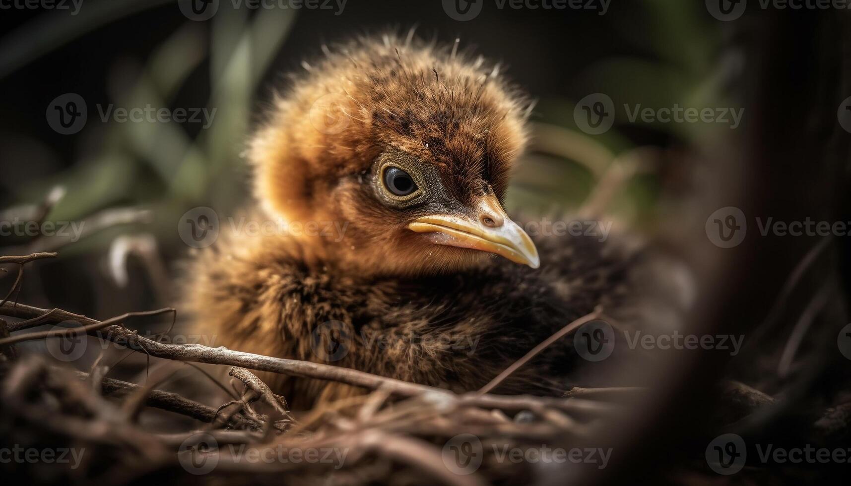 Fluffy yellow hatchling peeks from bird nest in rural scene generated by AI photo