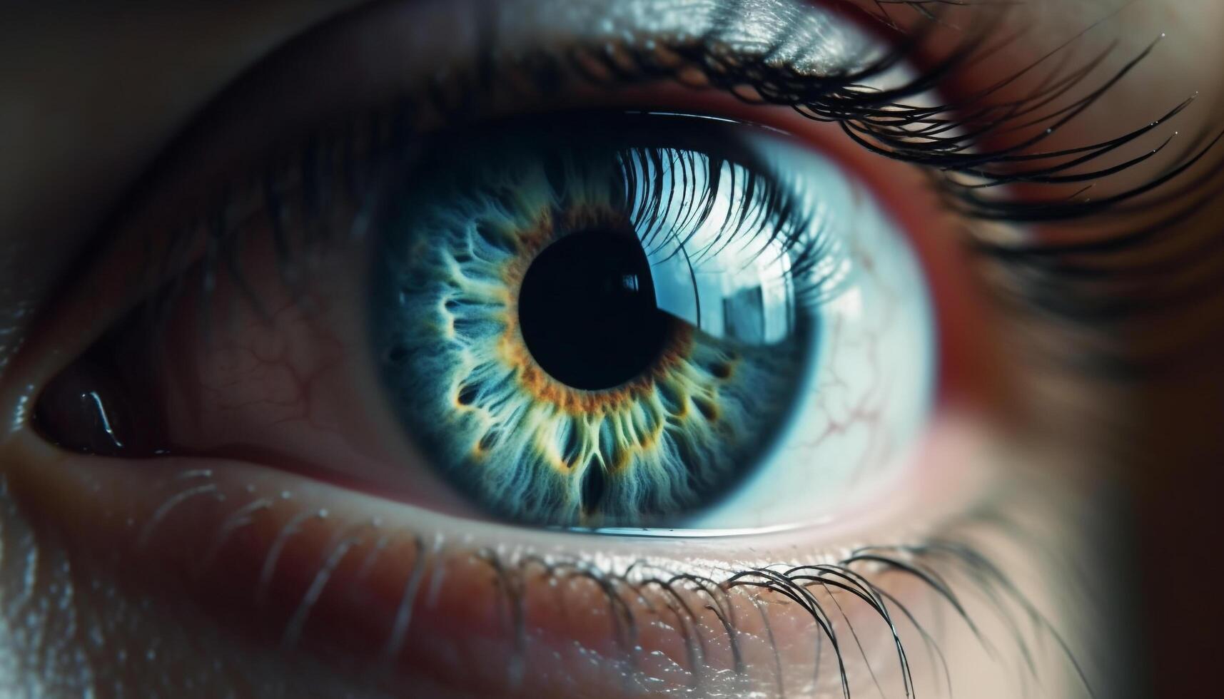 Blue iris staring at camera, eyelashes and eyebrow in focus generated by AI photo