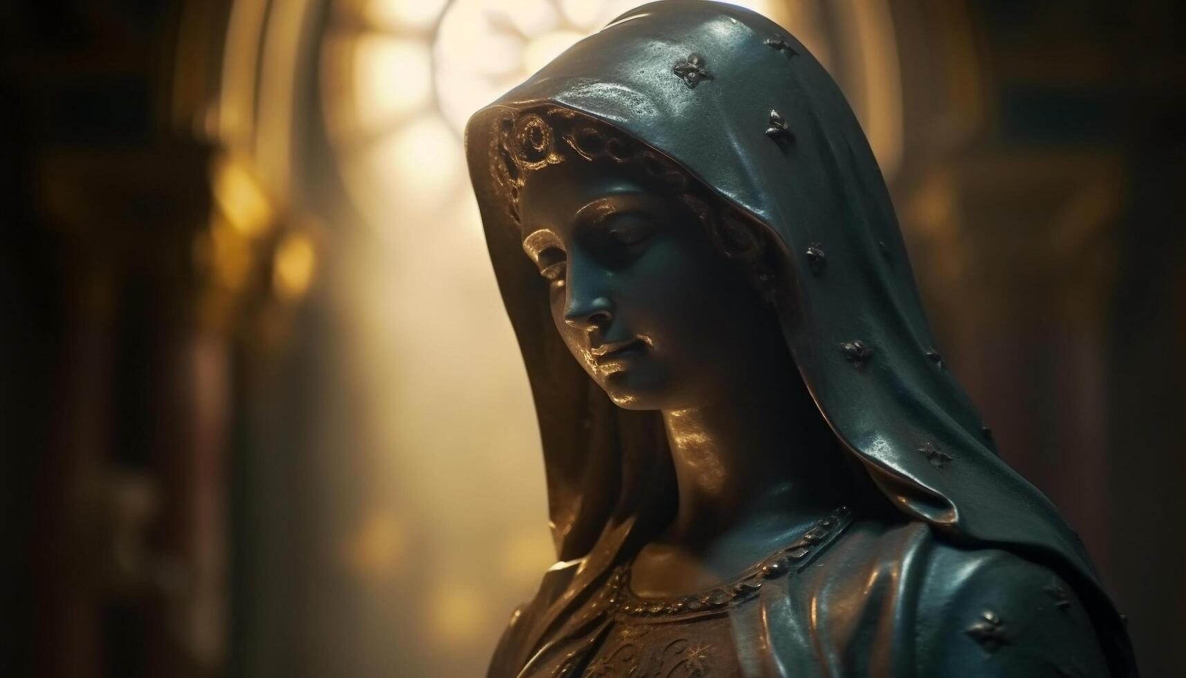 medieval escultura de Orando mujer en gótico capilla, iluminado majestuosamente generado por ai foto